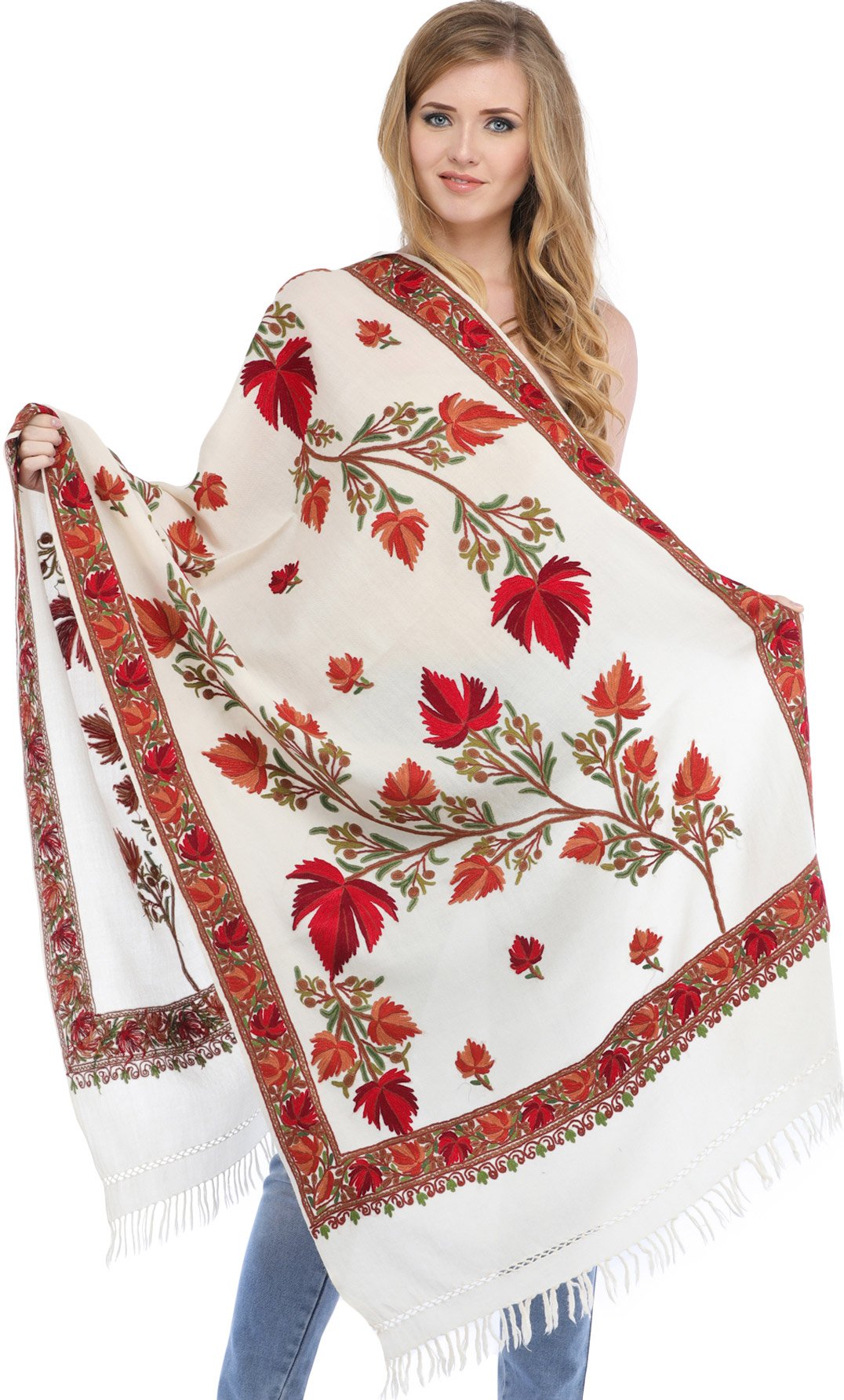Exotic India Kashmiri Ari-Embroidered Stole - Handmade Pashmina Shawl for Women - Perfect for Weddings, Parties & Winter Fashion
