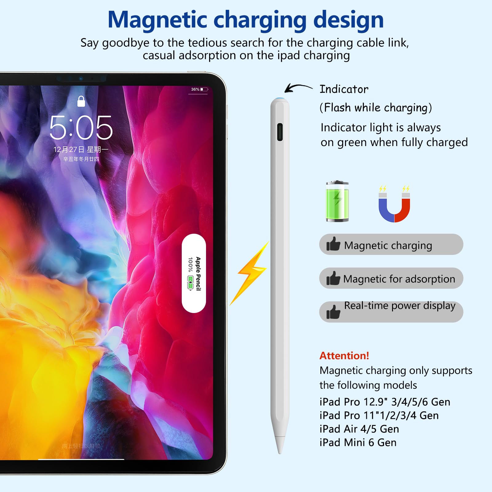 Premium Stylus Pen for iPad with Wireless Magnetic Charging - Apple Pencil Alternative Compatible with iPad 10/9/8/7/6, iPad Air 5/4/3, iPad Mini 6/5, iPad Pro 11