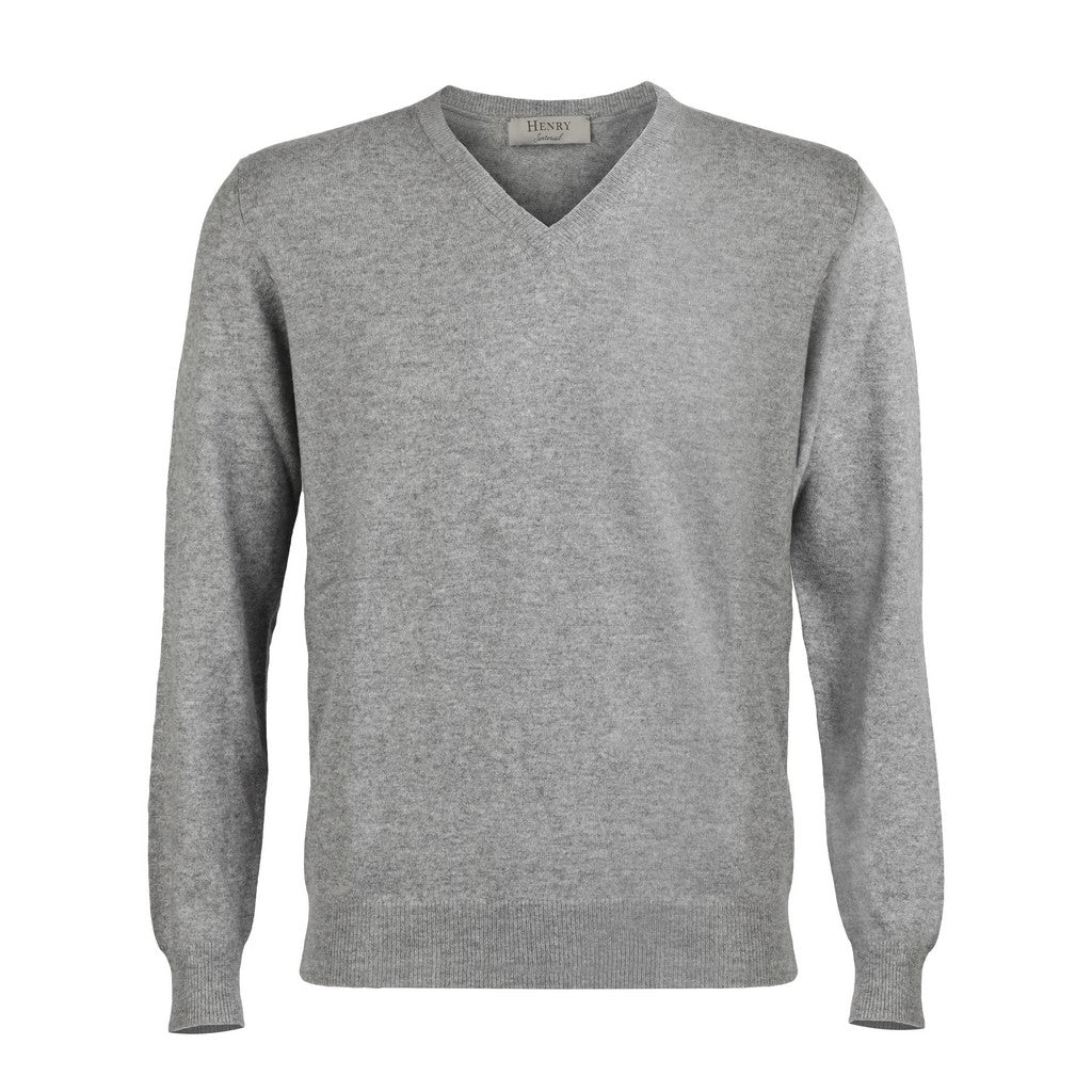Premium Cashmere V-Neck Sweater for Men - 12GG Soft Grey Knitwear - Perfect for Business Casual, Office Wear & Winter Layering