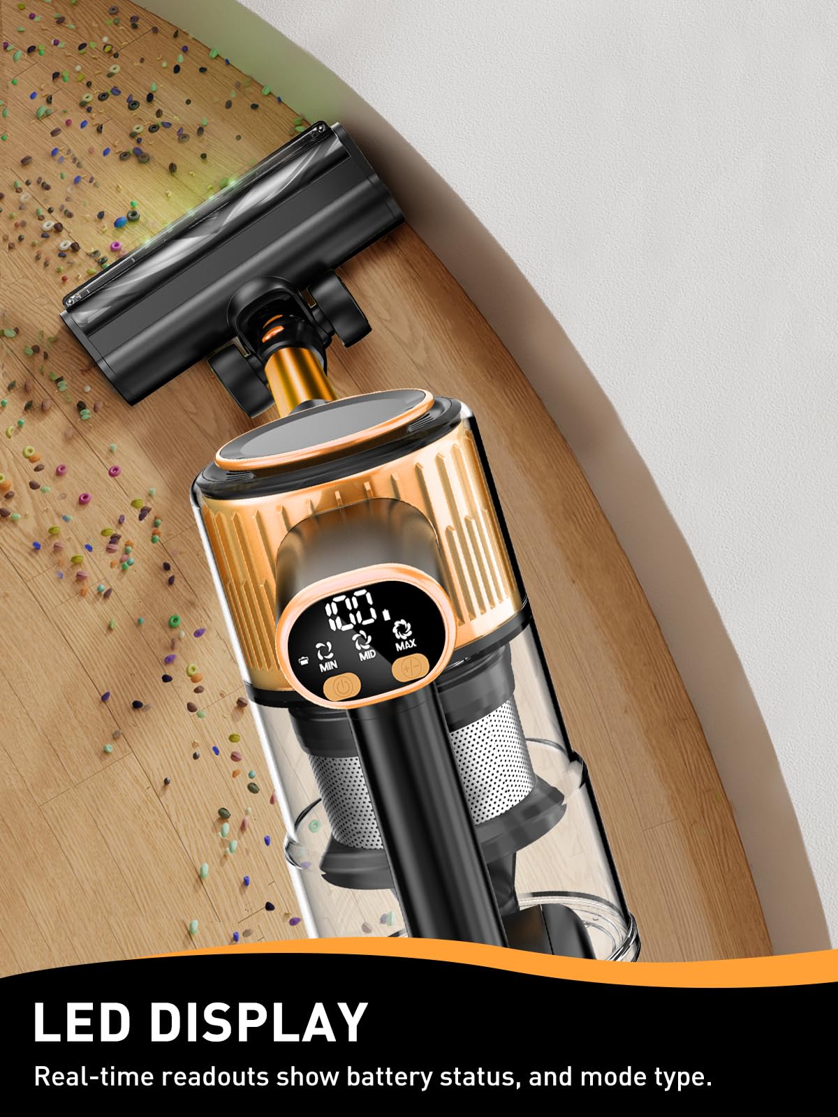 8-in-1 Cordless Vacuum Cleaner with Powerful Suction & LED Display - Lightweight Stick Vacuum for Hard Floors, Carpets & Pet Hair - 3 Adjustable Modes, 45Min Detachable Battery (Golden) - Perfect for Quick Home Cleaning & Pet Owners