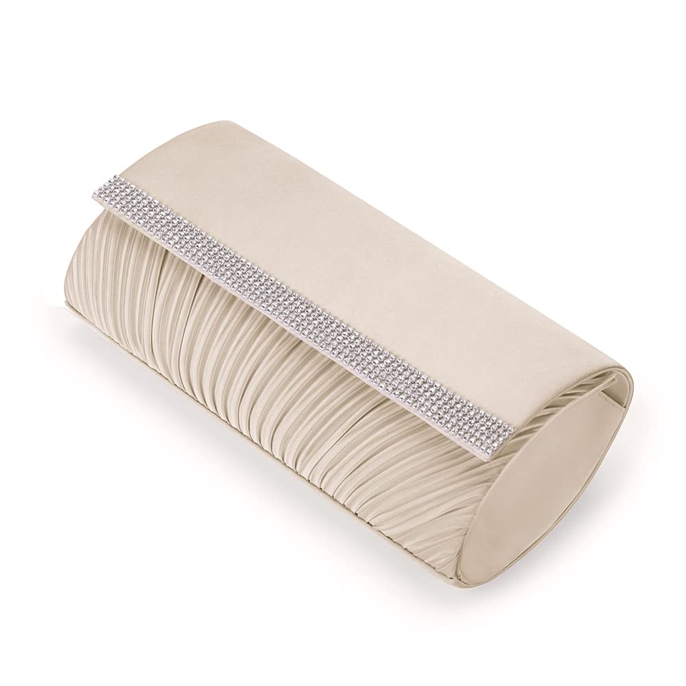 Elegant Rhinestone Pleated Satin Clutch Purse for Women - Sparkly Evening Bag for Party, Prom, Wedding & Special Occasions | Crossbody Handbag with Adjustable Chain