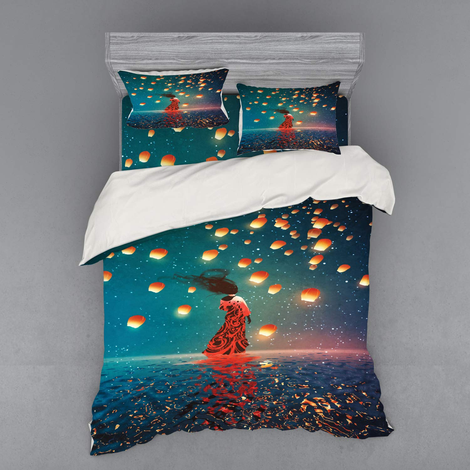 Ambesonne Fantasy Duvet Cover Set - Sorceress in Red Dress Floating on Water with Candles, 3-Piece Queen Size Bedding Set with Pillow Sham & Fitted Sheet, Navy Blue - Perfect for Gothic Bedroom Decor & Fantasy Theme Rooms