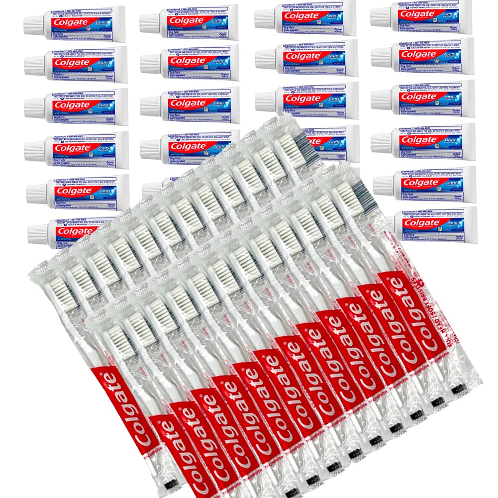 Colgate Travel Size Cavity Protection Toothpaste .85 Oz with Soft Bristle Toothbrush | TSA Approved Travel Dental Kit | Bulk Pack of 24 | Perfect for Airplane Trips, Camping & Emergency Preparedness