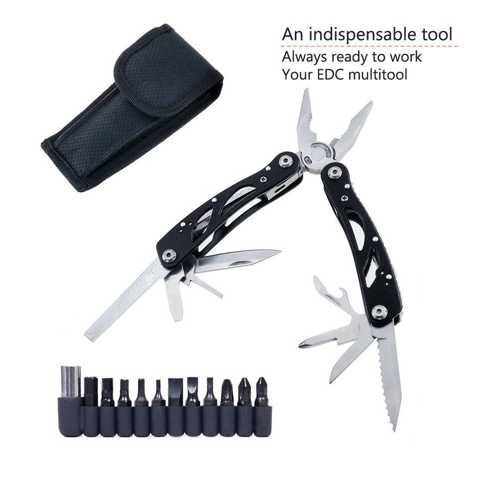 Poeland 10-Piece Stainless Steel Multitool Pliers Set with 11 Screwdriver Bits - Perfect for Home Repairs, DIY Projects & Emergency Tool Kits | Black