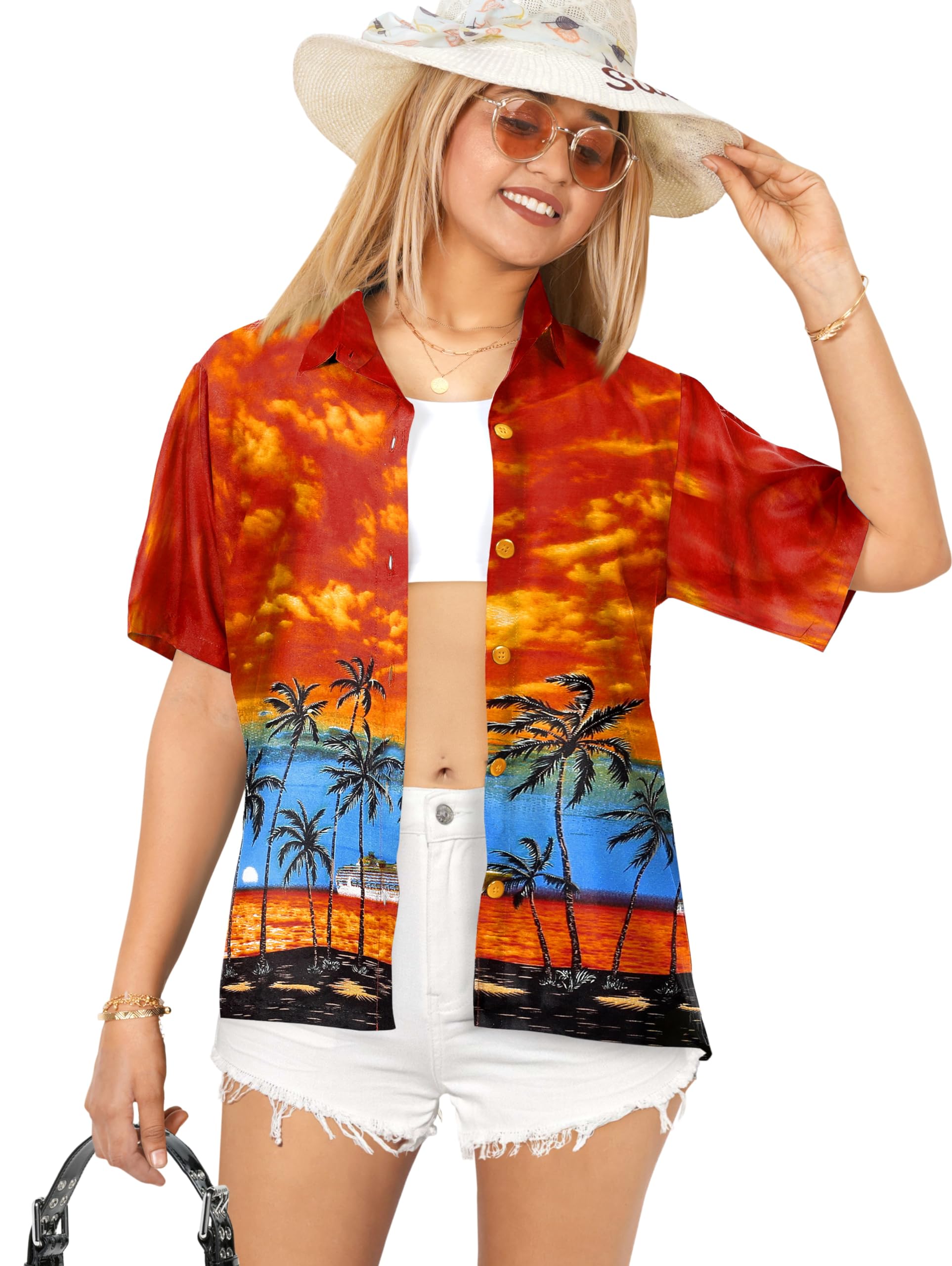 LA LEELA Women's Hawaiian Short Sleeve Blouse - Floral Beach Shirt for Summer Vacation, Pool Party & Tropical Getaway