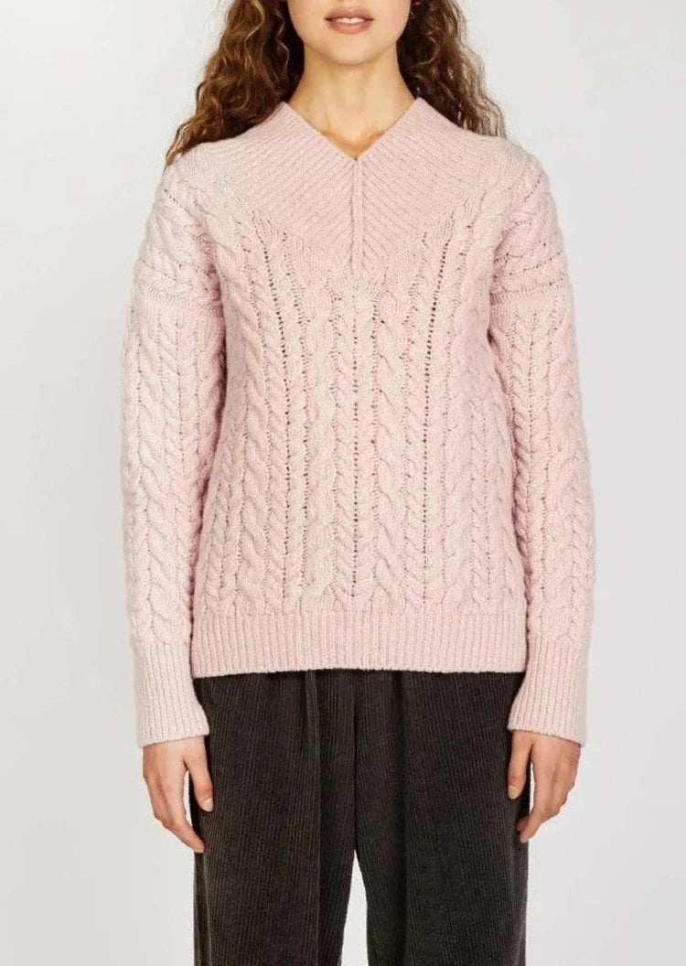 Ireland's Eye V-Neck Aran Sweater for Women | Soft Pink Wool Knit Pullover | Cozy Winter & Fall Fashion | Perfect for Casual Outings, Office Wear & Holiday Gatherings