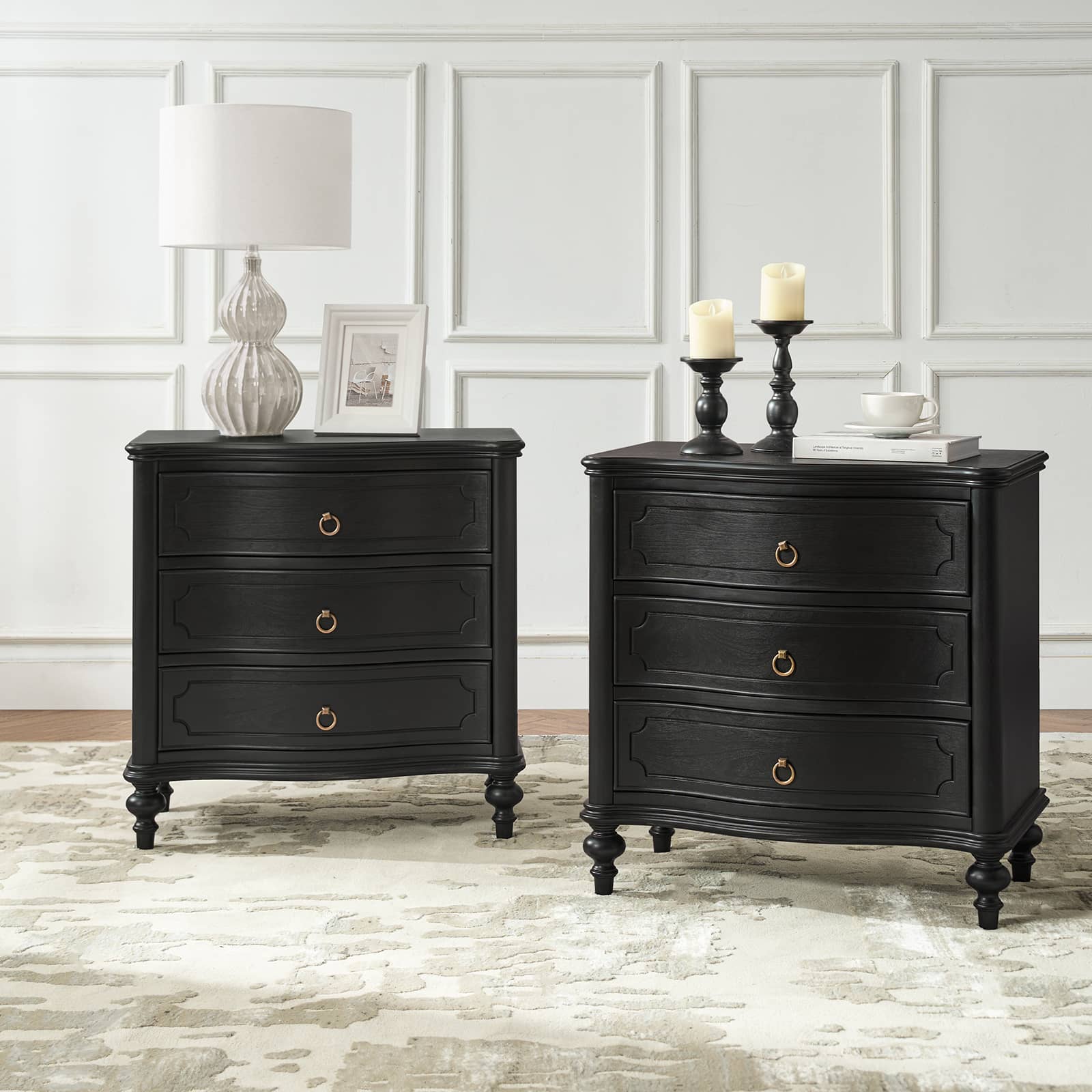 Bernhard 3 Drawer Traditional Nightstand with USB Outlets - Solid Wood Bedside Table for Bedroom, Living Room & Office - Charging Station & Storage Cabinet