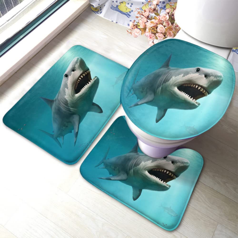 **Zaueky Megalomania 3-Piece Non-Slip Bathroom Rug Set - Shark & Whale Ocean Theme, Rubber Backing, U-Shaped Contour Mat & Toilet Lid Cover - Perfect for Kids' Bathrooms, Beach House Decor**