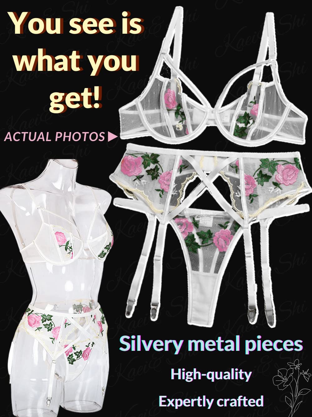 Kaei&Shi Women's Floral Embroidered Sheer Bridal Lingerie Set - Sexy Bachelorette Party Bra & Panty with Garter | Perfect for Wedding Night, Honeymoon & Romantic Occasions