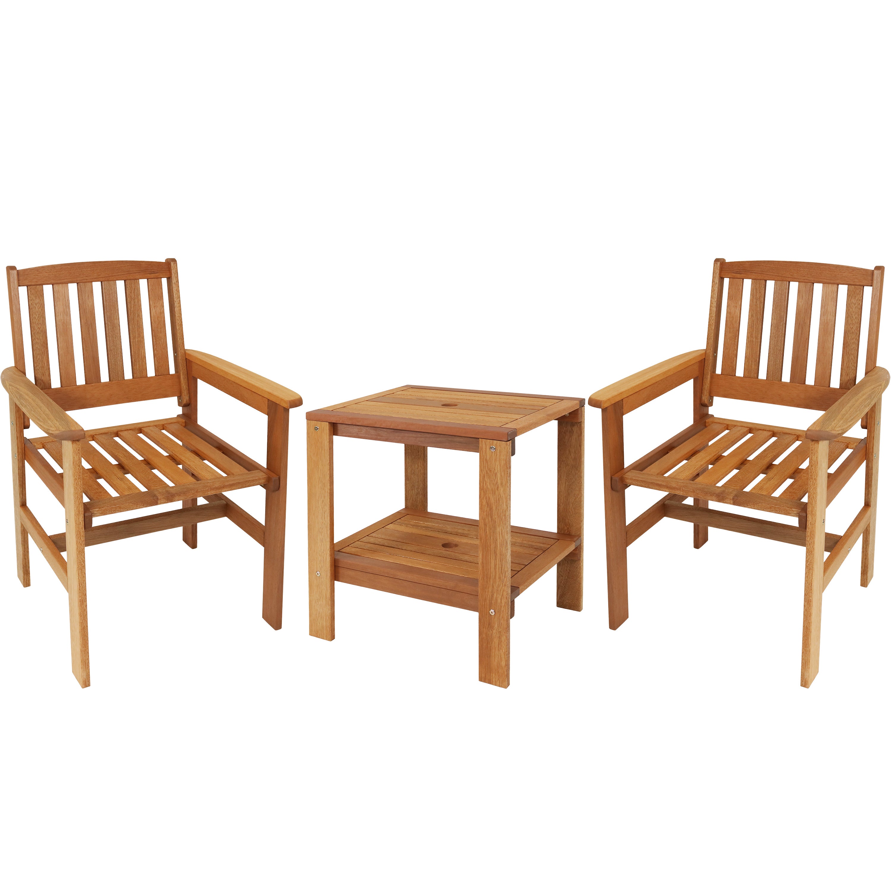 Sunnydaze Meranti Wood 3-Piece Outdoor Patio Conversation Set - Durable Garden Furniture for Backyard, Deck, or Poolside Relaxation