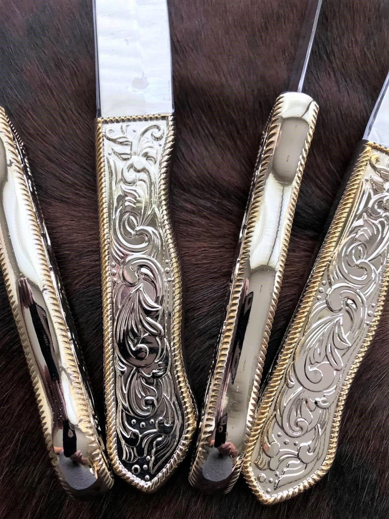 Premium Western Style Steak Knives Set of 4 - Stainless Steel with Decorative Buckle Design - Perfect for BBQ, Steak Dinners & Western Themed Parties