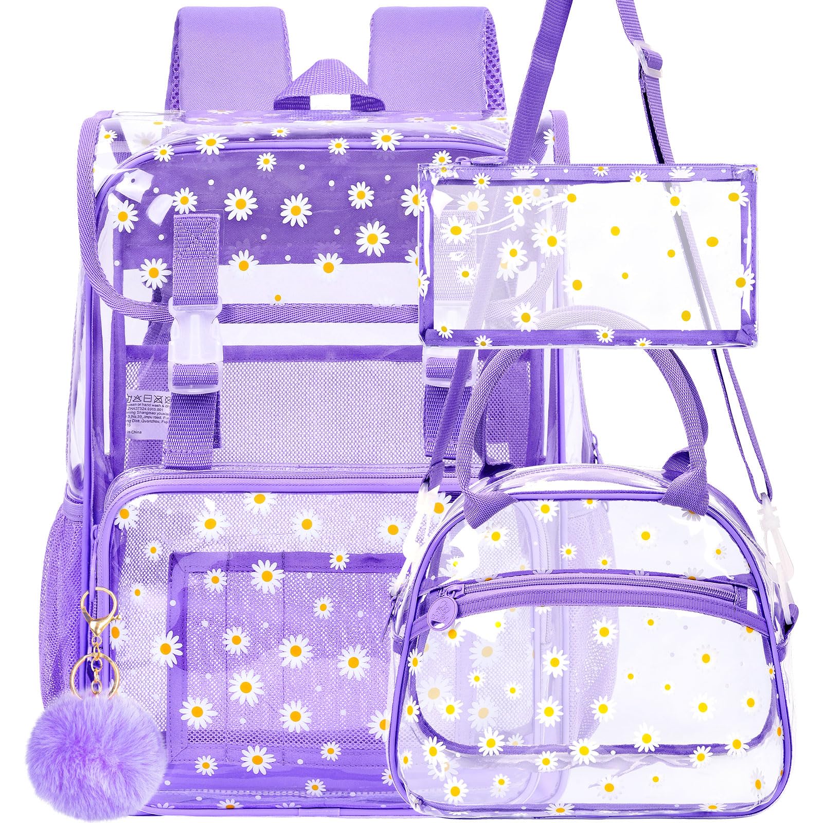 3PCS Clear PVC Backpack for Women & Girls - Heavy Duty See Through School Bookbag with Lunch Box, Large Stadium Approved Transparent Backpack (Purple Daisy) - Perfect for School, Concerts, Travel & Security Checkpoints