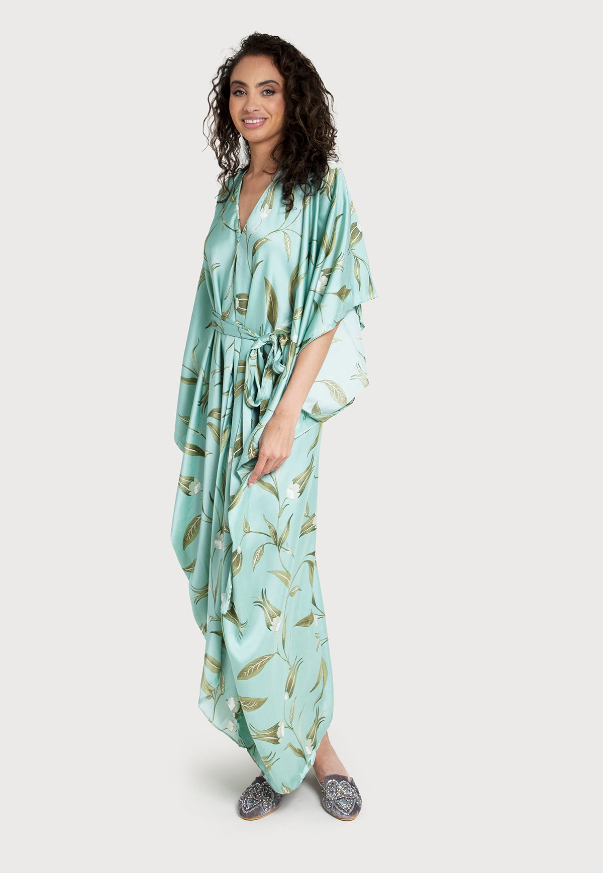 Elegant Satin Kaftan Dress with Tie Front - Flowy Maxi Length for Women | Perfect for Beach Cover Up, Resort Wear, and Summer Evenings