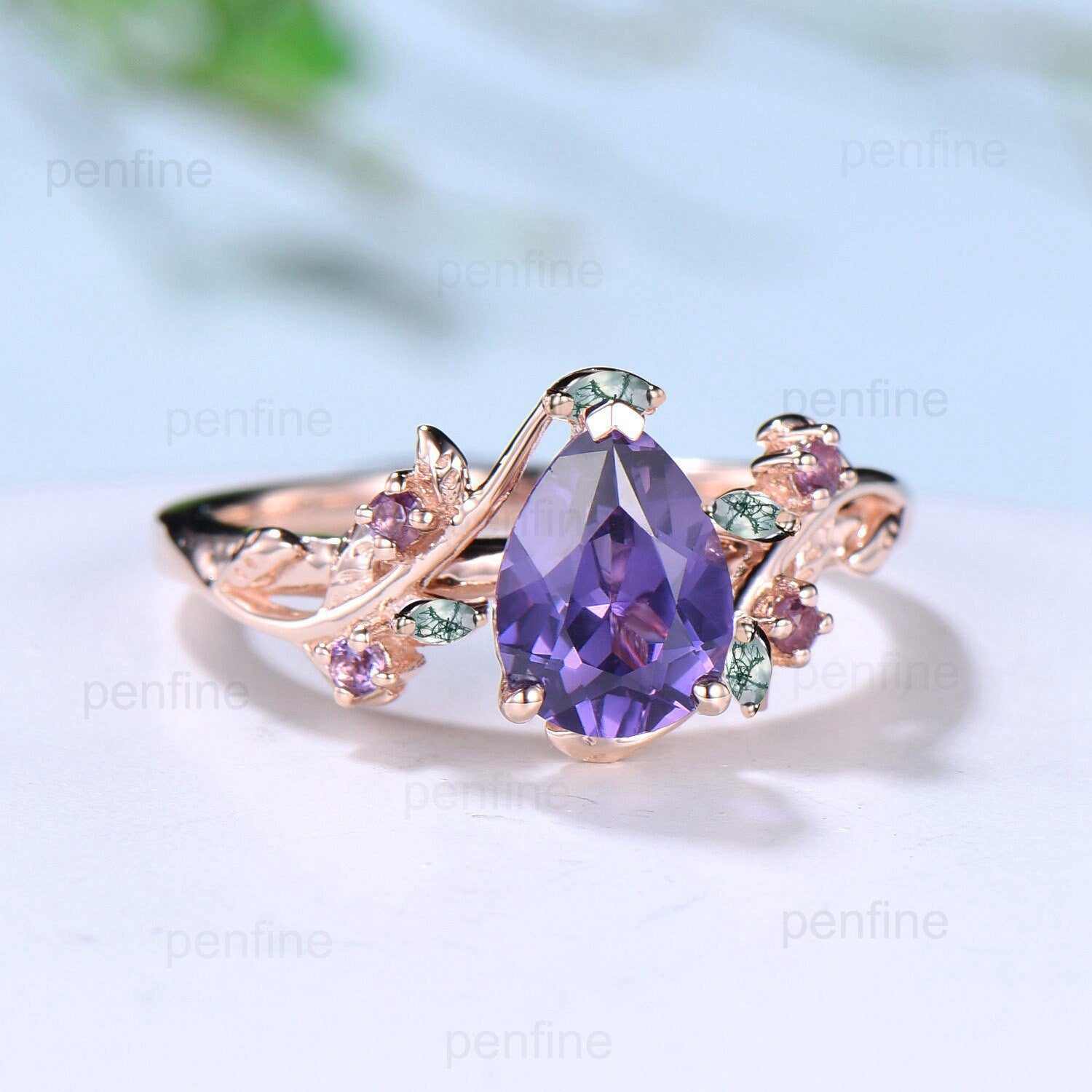 Vintage Twig Pear Shaped Engagement Ring - Purple Sapphire & Moss Agate Wedding Branch Ring with Leaf Design | Natural Inspired Jewelry for Bridal, Anniversary & Boho Fashion