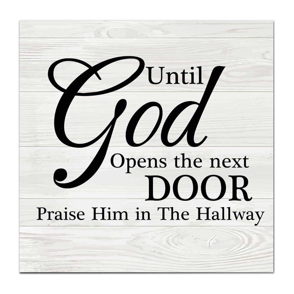 Rustic Barnwood Welcome Sign - 12x12 Inch Wooden Pennant Flag for Porch, Graduation & Home Decor - Inspirational 'Until God Opens The Next Door Praise Him In The Hallway' Design - Perfect for Farmhouse, Wedding & Movie Theme Decorations