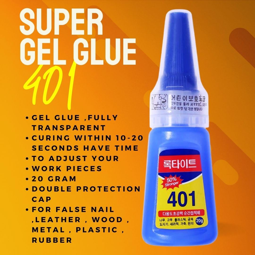 401 Super Gel Glue - 20g Strong Adhesive for False Nails, Glass, Wood, Jewelry & Shoes | Multi-Purpose Fast Bonding Glue | Perfect for Nail Art, DIY Crafts & Home Repairs