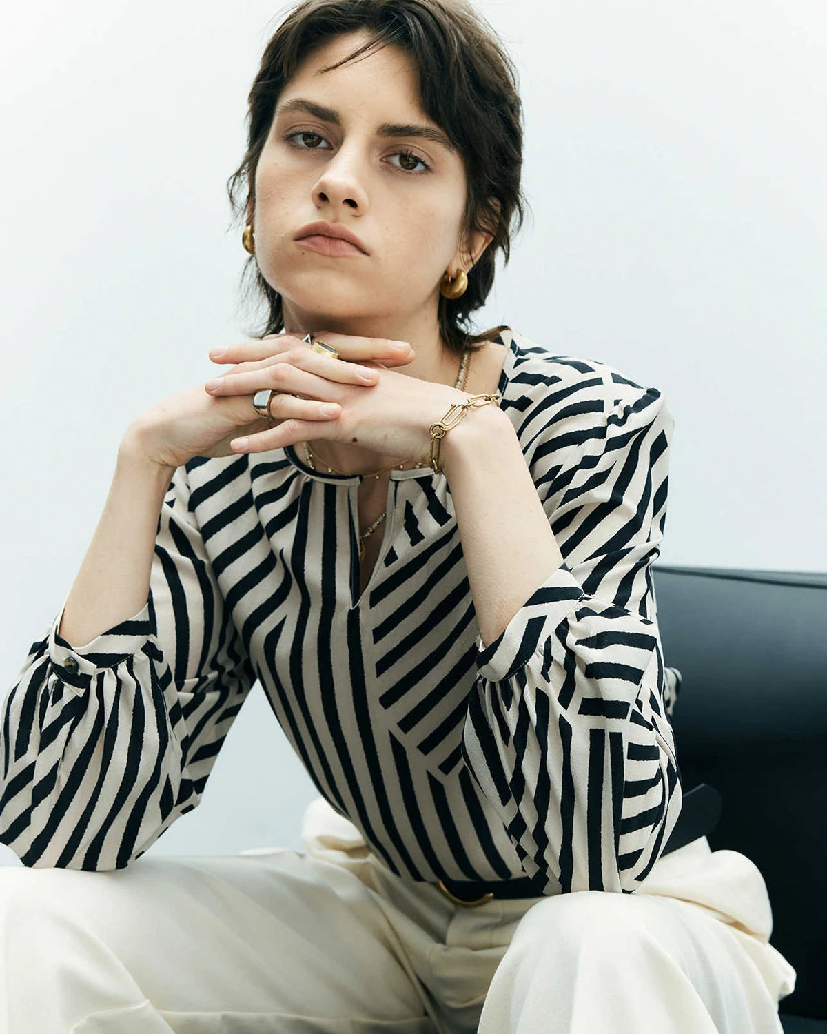 Elegant Geometric Stripe Silk Blouse for Women - Luxury Silk Shirt with Unique Print - Perfect for Office Wear, Date Night & Special Occasions