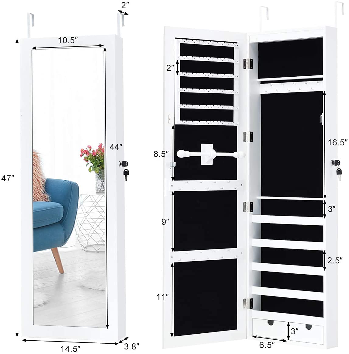 15 LED Jewelry Armoire Organizer - Wall/Door Mounted Jewelry Cabinet with Full Length Mirror, Lockable Jewelry Storage Box with Large Capacity & Compartments, 2 Bottom Drawers - White | Perfect for Bedroom, Closet & Dressing Room Organization