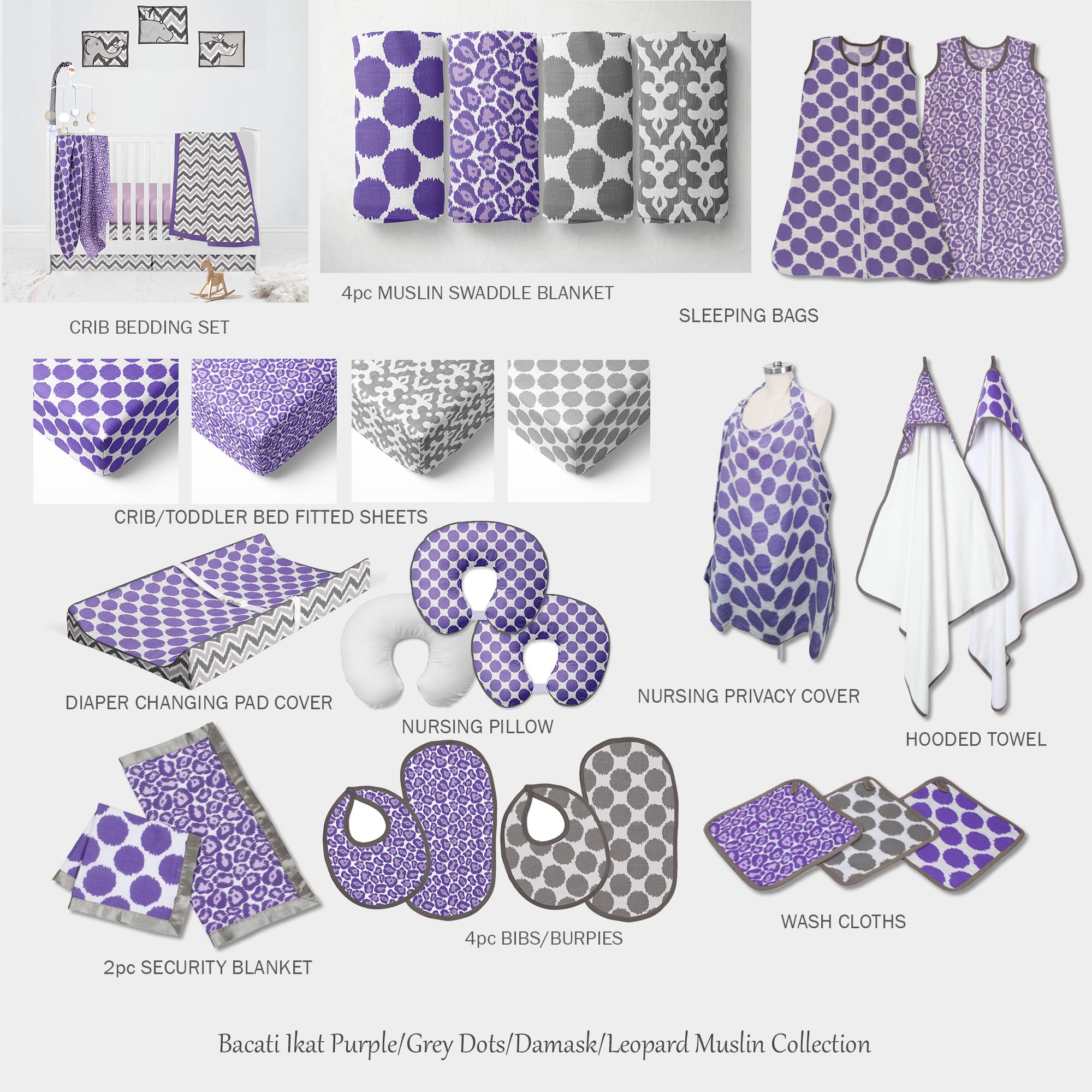 Bacati - 2 Pack 100% Cotton Muslin Crib Sheets for Girls, Ultra Soft & Breathable, Fits Standard 28x52x5 Crib & Toddler Mattress (Ikat Dots Purple) - Perfect for Nursery, Daycare & Travel