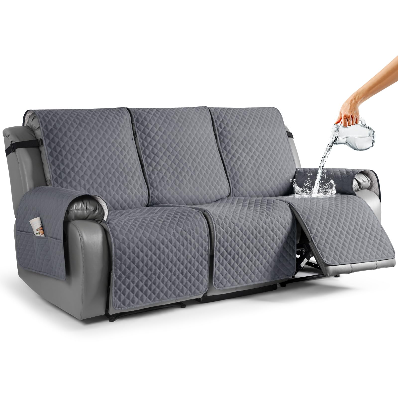 TAOCOCO Anti-Slip Recliner Sofa Cover - 3 Seater Washable Furniture Protector for Leather Couches with Elastic Straps | Pet-Friendly Sofa Cover in Dark Grey | Perfect for Living Room, Home Theater & Family Gatherings