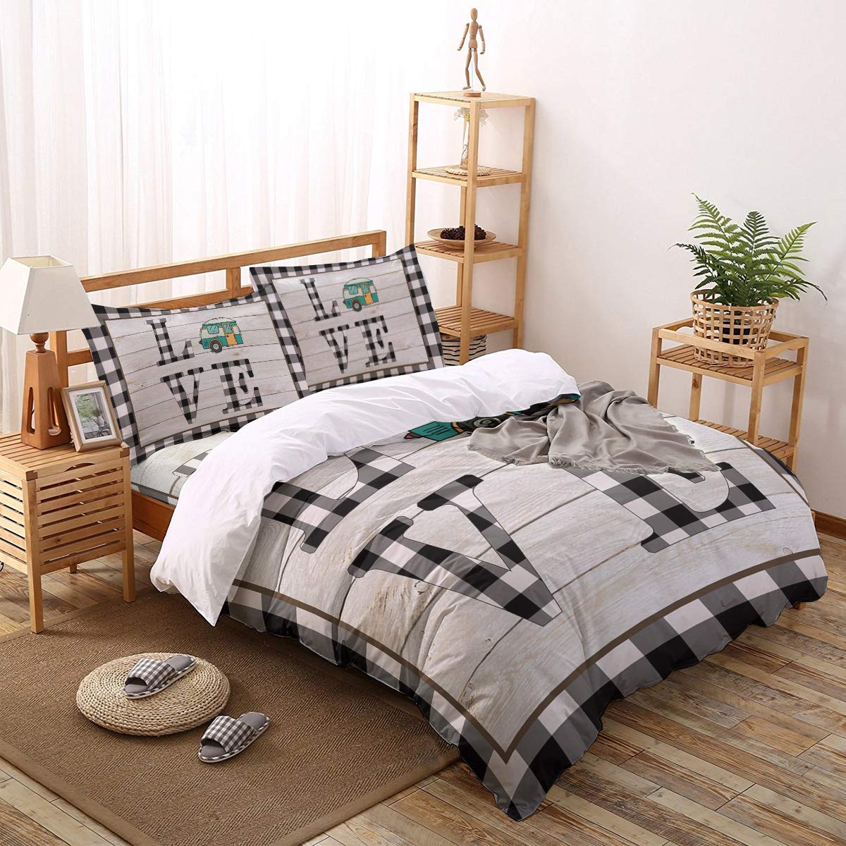 Z&L Home Love Camping Car Queen Size 4-Piece Buffalo Plaid Duvet Cover Set with Wood Plank Design - Soft Luxury Bedding Includes Flat Sheet & Pillow Shams - Washable for Teens, Kids & Adults - Perfect for Cozy Cabins, RV Camping & Farmhouse Bedrooms