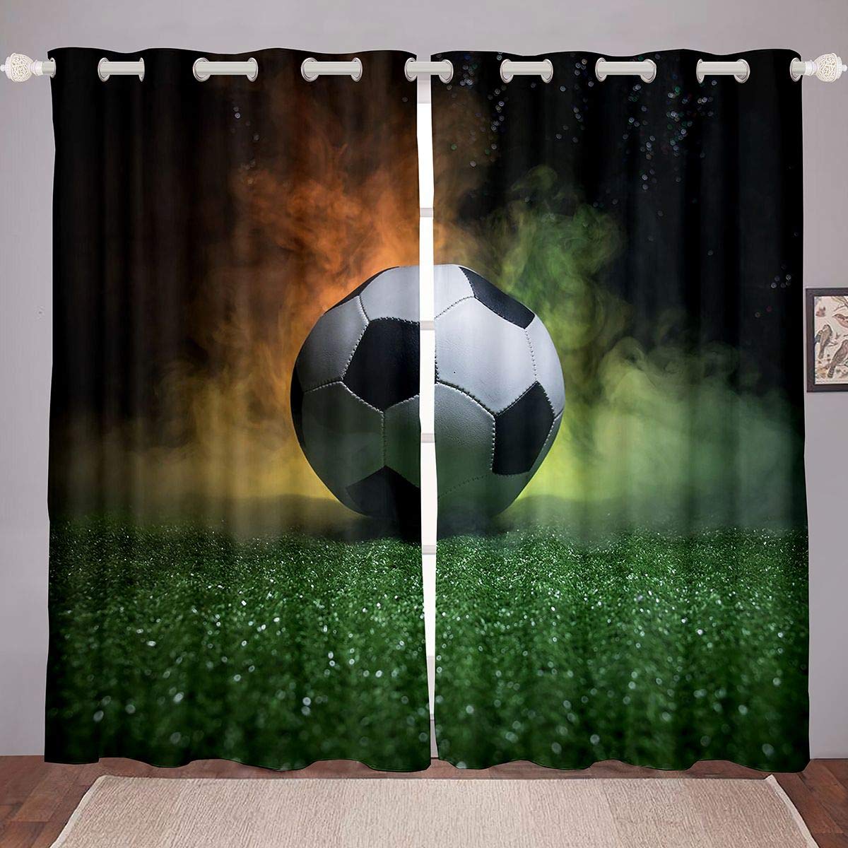 Boys & Girls 3D Football Soccer Window Curtains - 38x45 Inch Sports Theme Bedroom Decor for Kids Room, Living Room - Perfect for Game Day, Sports Themed Parties & Teen Bedroom Decor (Set of 2 Panels)