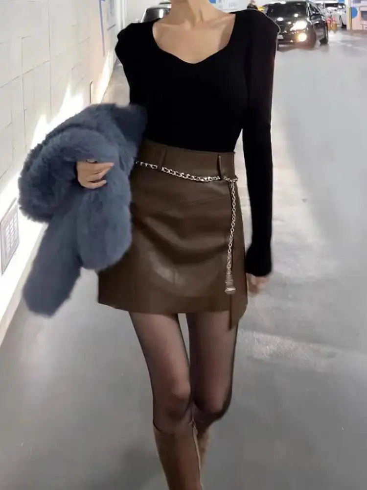 Autumn Women's Brown Chain Belt Mini Skirt - High Waist Slim Leather Bodycon Wrap Hip Short Skirt for Streetwear & Night Out | Trendy Fashion for Parties, Dating & Casual Wear