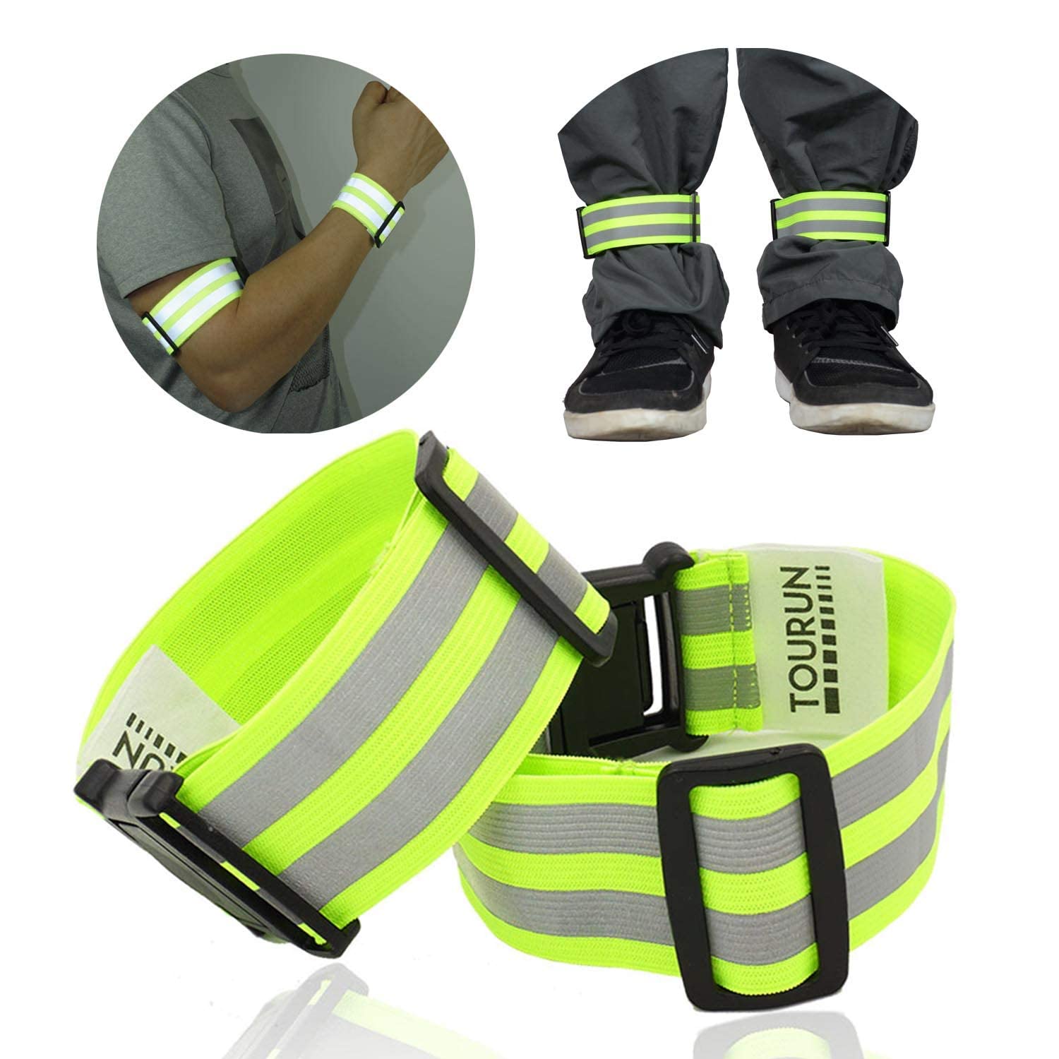 TOURUN Reflective Running Bands - Adjustable Safety Arm & Leg Bands for Night Running, Cycling, Walking - High Visibility Reflective Gear for Men, Women & Kids - Perfect for Jogging, Biking & Outdoor Activities