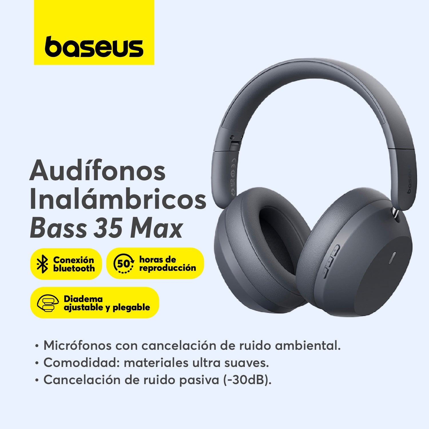 Baseus Bass 35 Max Wireless Bluetooth Headphones with Deep Bass - Gray | Perfect for Gym, Travel & Work from Home