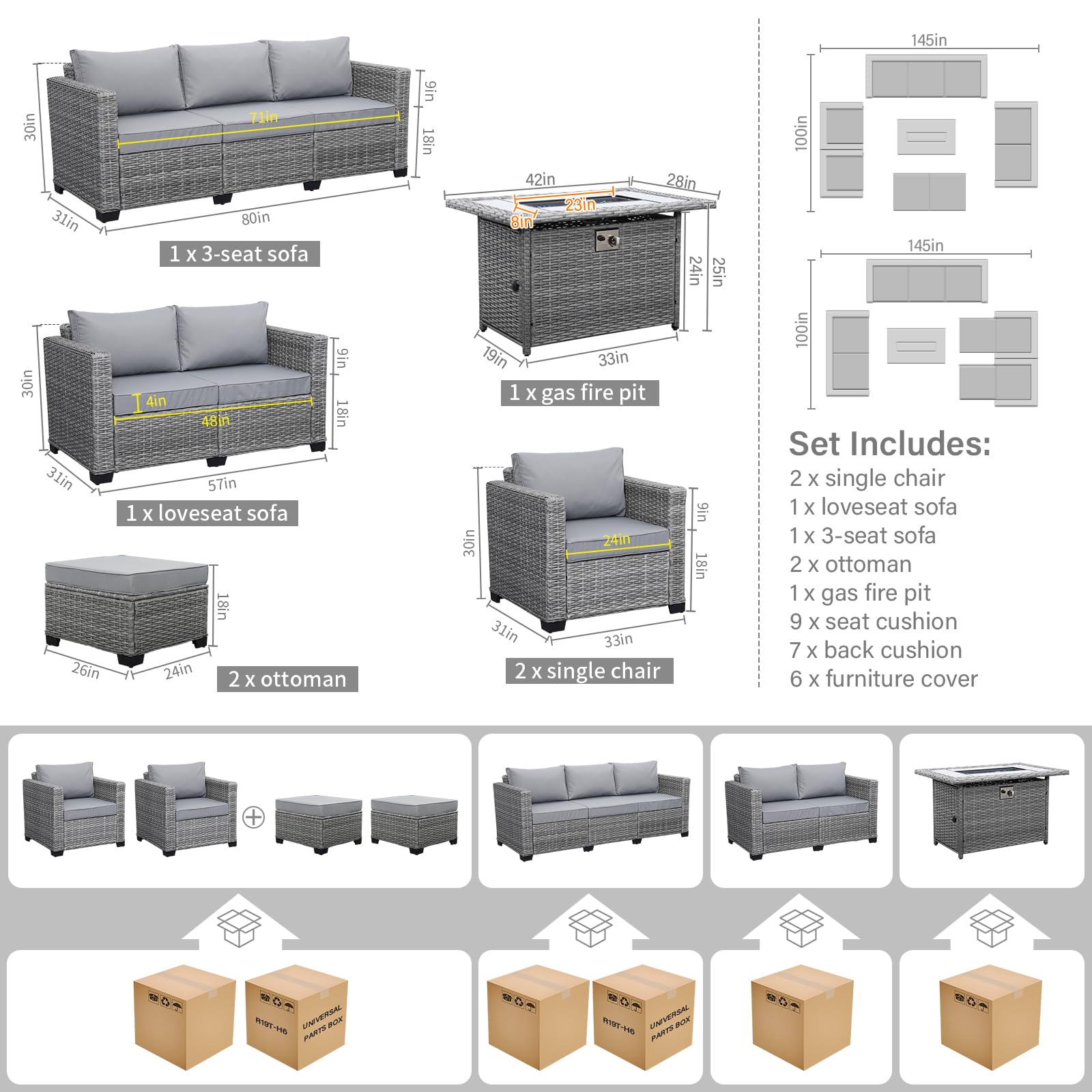 Rattan 7-Piece Outdoor Patio Furniture Set with 45-inch Fire Pit Table - 60000 BTU Propane Fire Pit, Waterproof Cushions & Covers, Light Grey - Perfect for Backyard, Garden, Poolside & Patio Relaxation