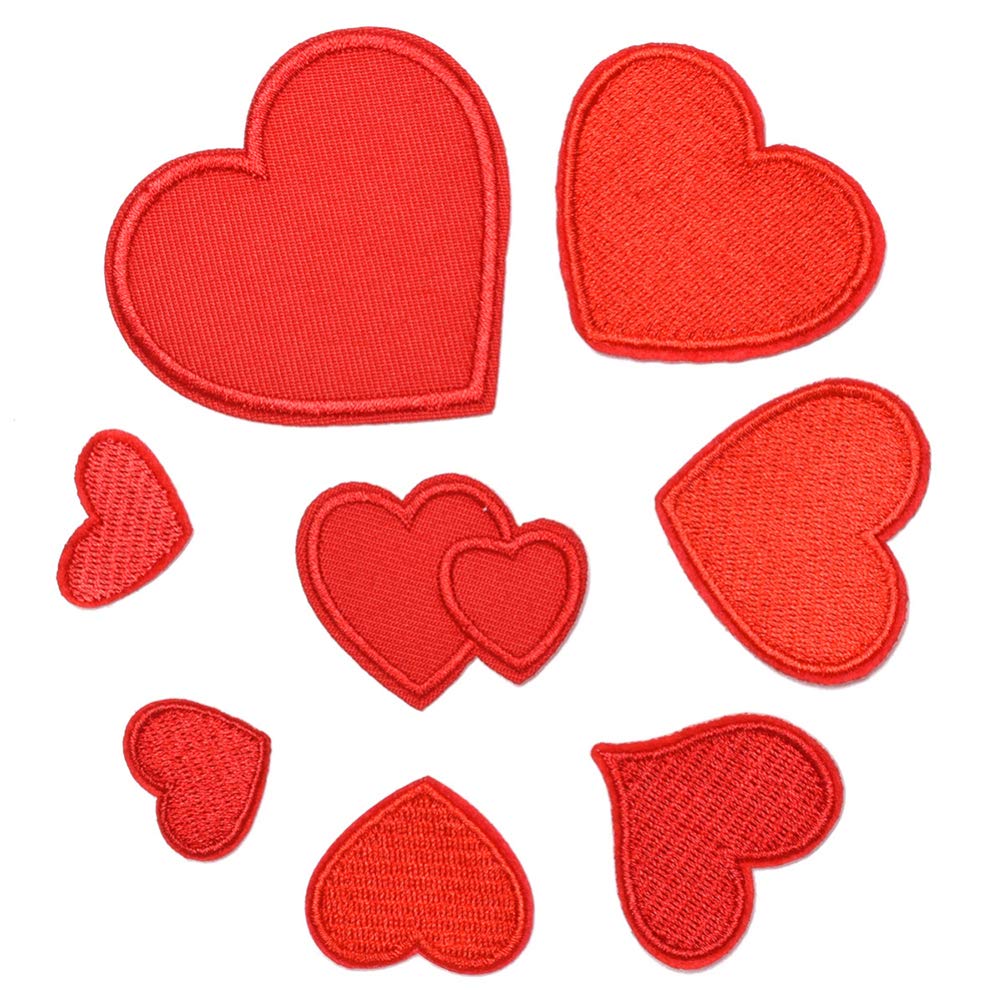 8 Pcs DIY Sewing Patches - Red Heart Shaped Appliques for Clothes, Jackets, Jeans & Bags - Iron On & Sew On Fabric Decorations for DIY Crafts & Fashion Upcycling