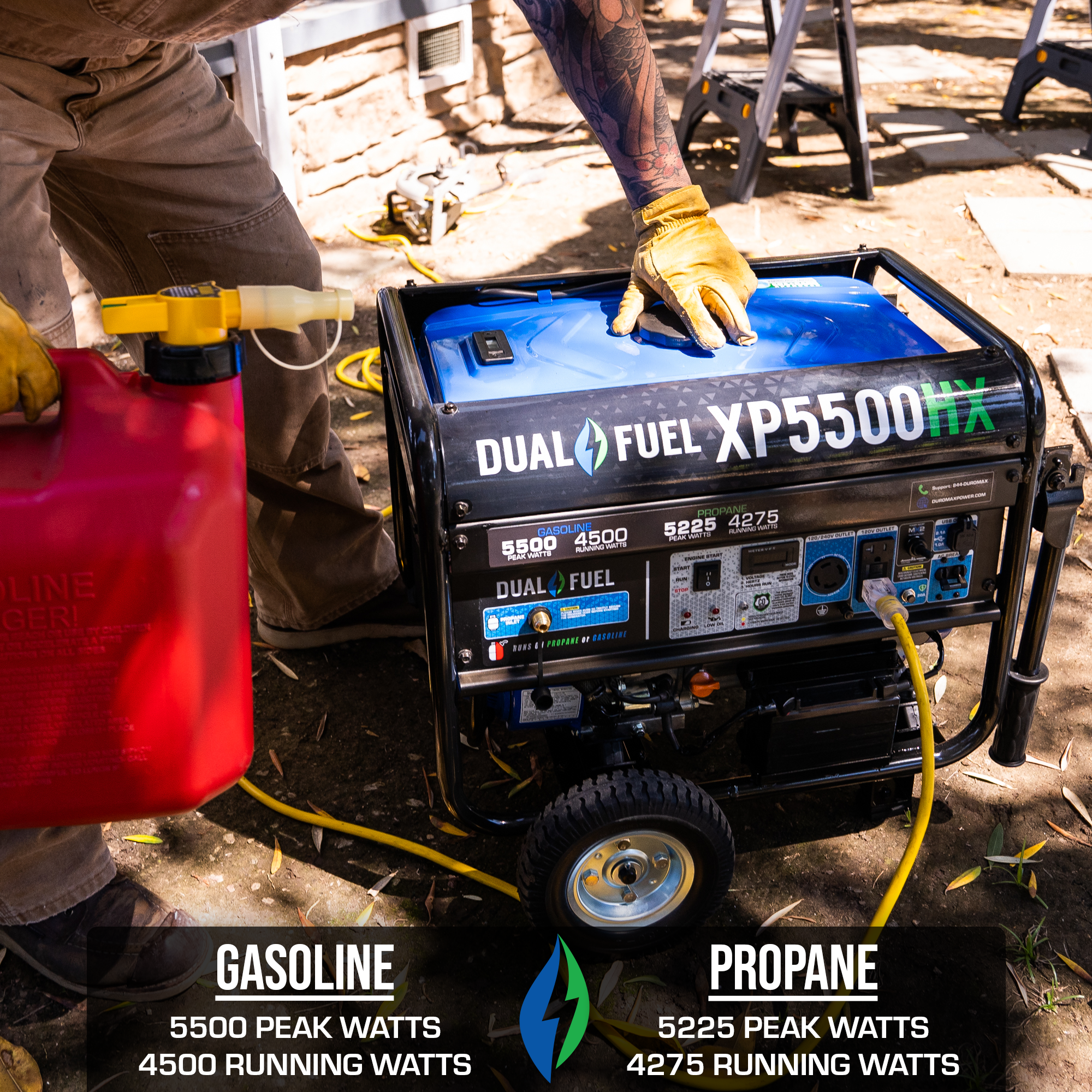 5500W Dual Fuel Portable Generator with CO Alert - Gas & Propane Powered for Camping, RV, Home Backup & Emergency Power