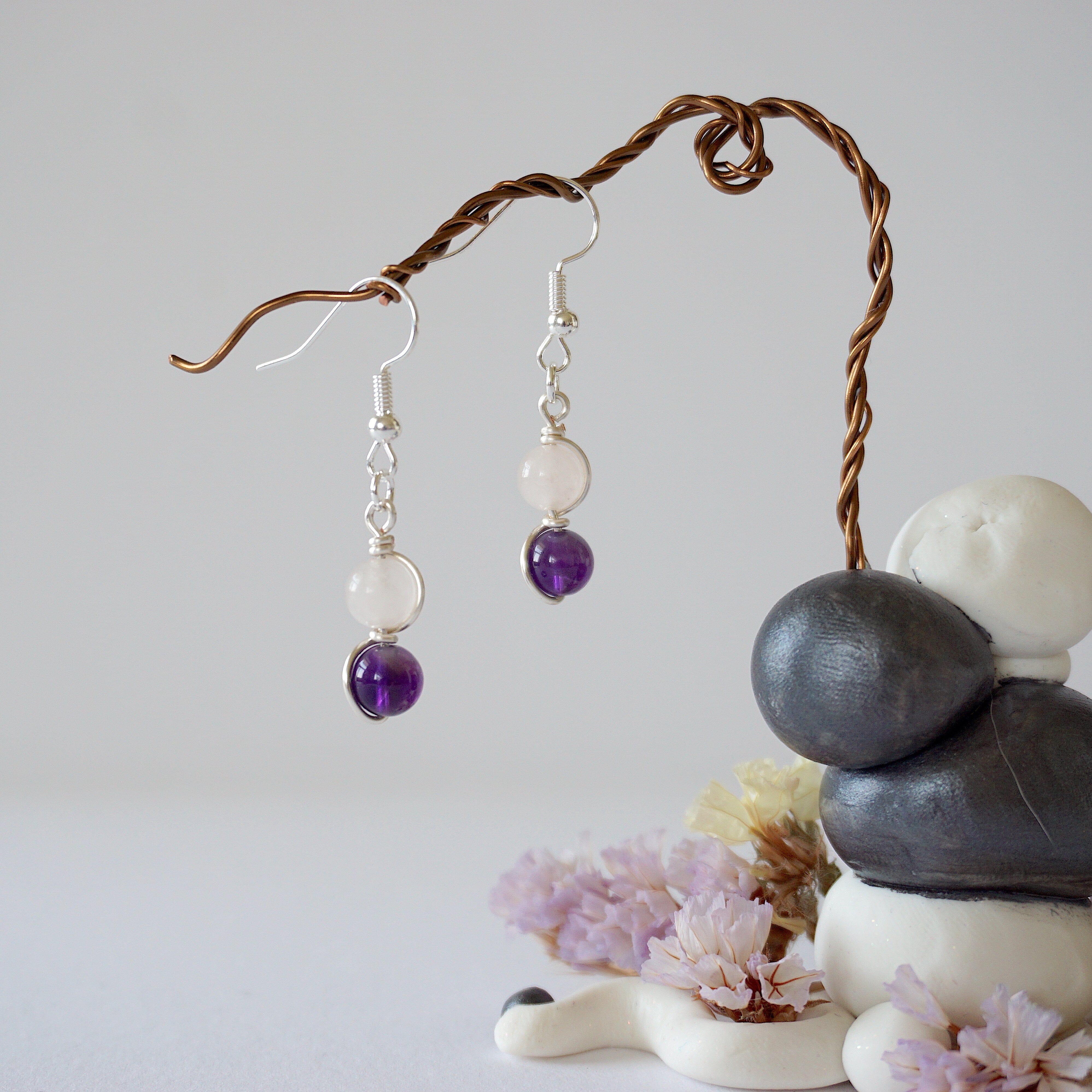 Rose Quartz & Amethyst Drop Earrings - Silver Plated Double Bead Dangle Earrings for Women | Healing Crystal Jewelry, Gift for Her, Birthday, Wedding, Meditation & Spiritual Healing