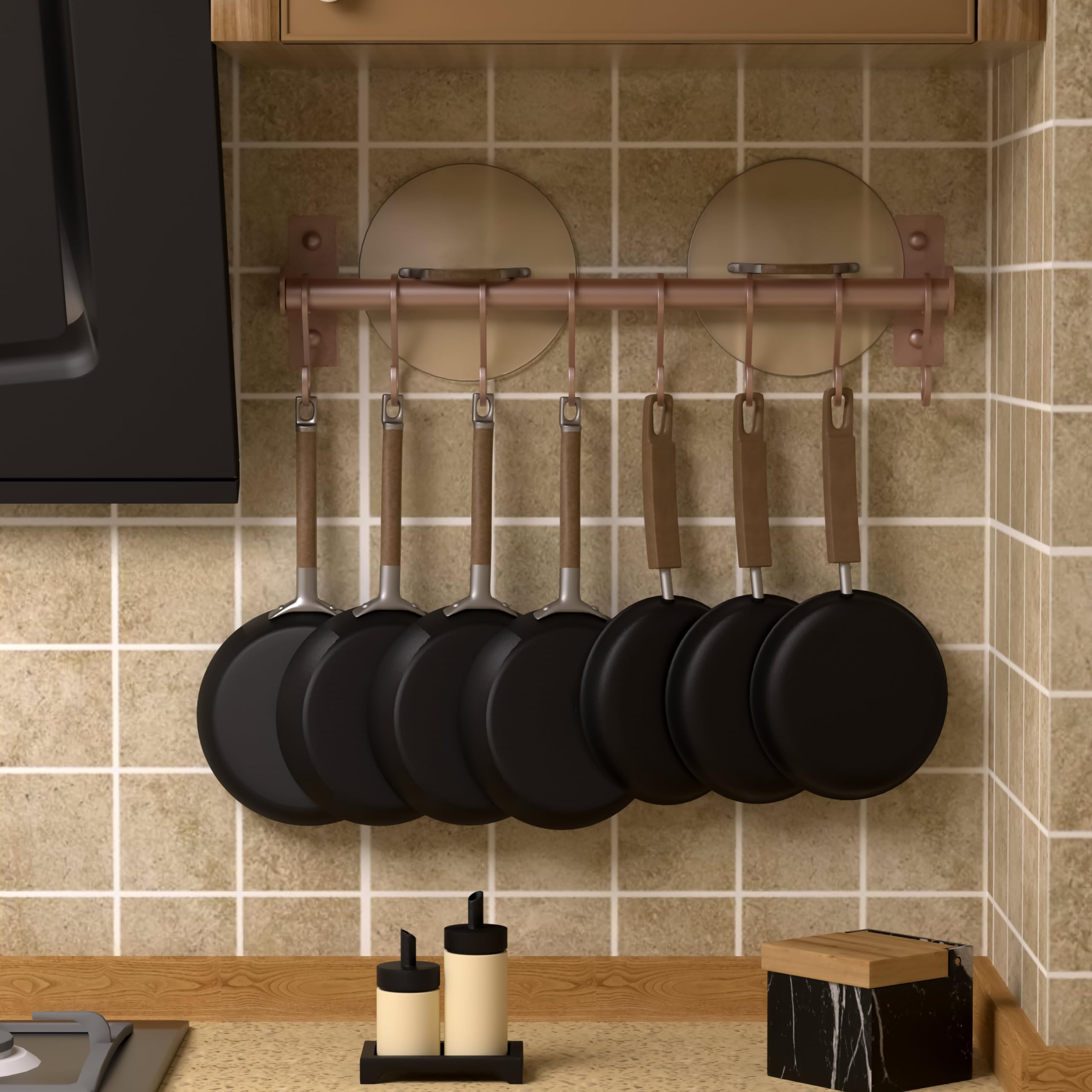 Dseap Wall Mounted Kitchen Utensil Holder - Rose Gold Pot and Pan Rack with 8 Hooks for Hanging Cooking Utensils, Mugs, Spoons - Perfect for Small Kitchens and Organized Cooking Spaces