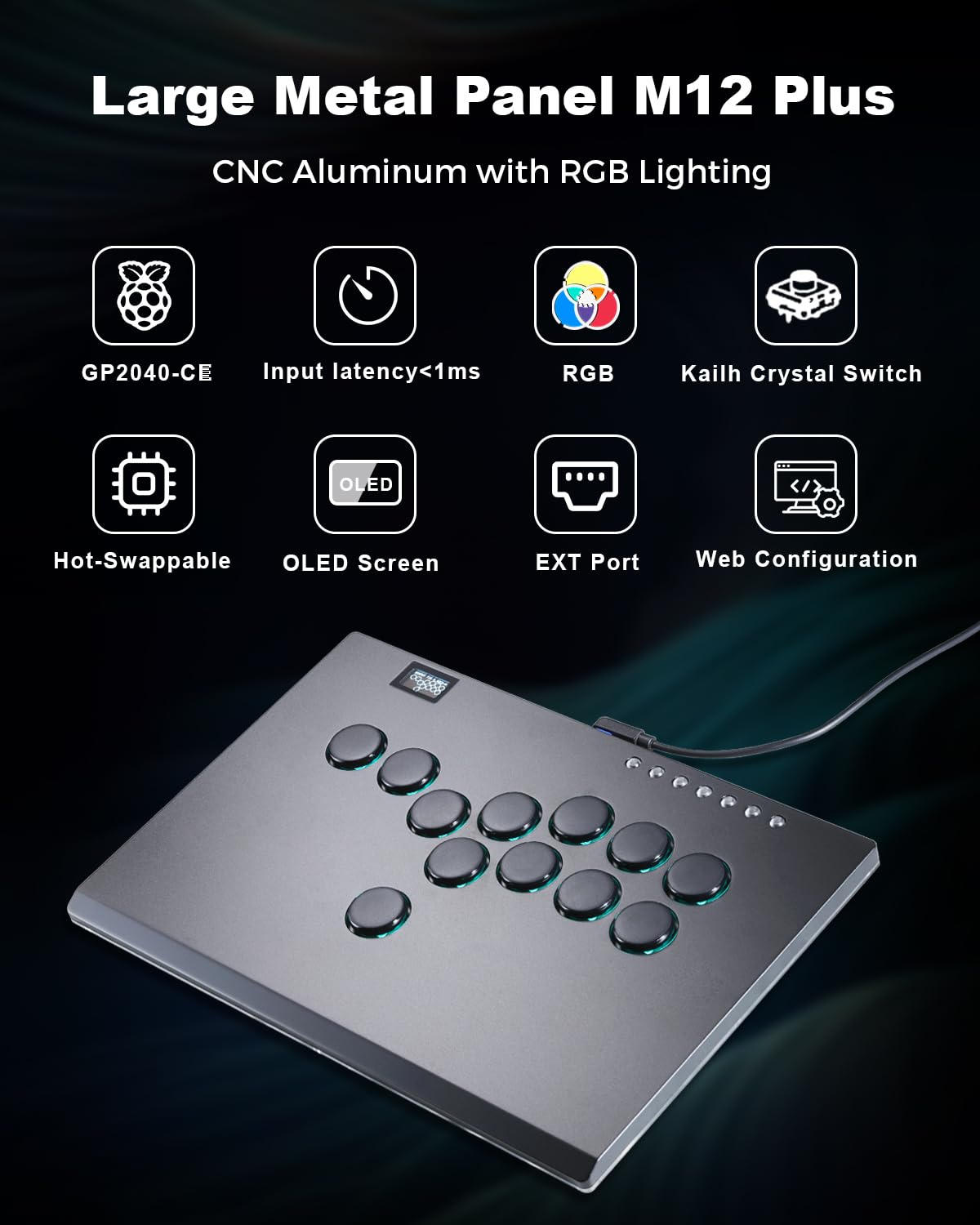 Premium Aluminum Leverless Arcade Controller - Haute42 M12 Plus for PC, PS3, PS4 & Nintendo Switch | Low-Profile Crystal Buttons, Hot-Swap & SOCD Support | Perfect for Fighting Games, eSports & Arcade Gaming
