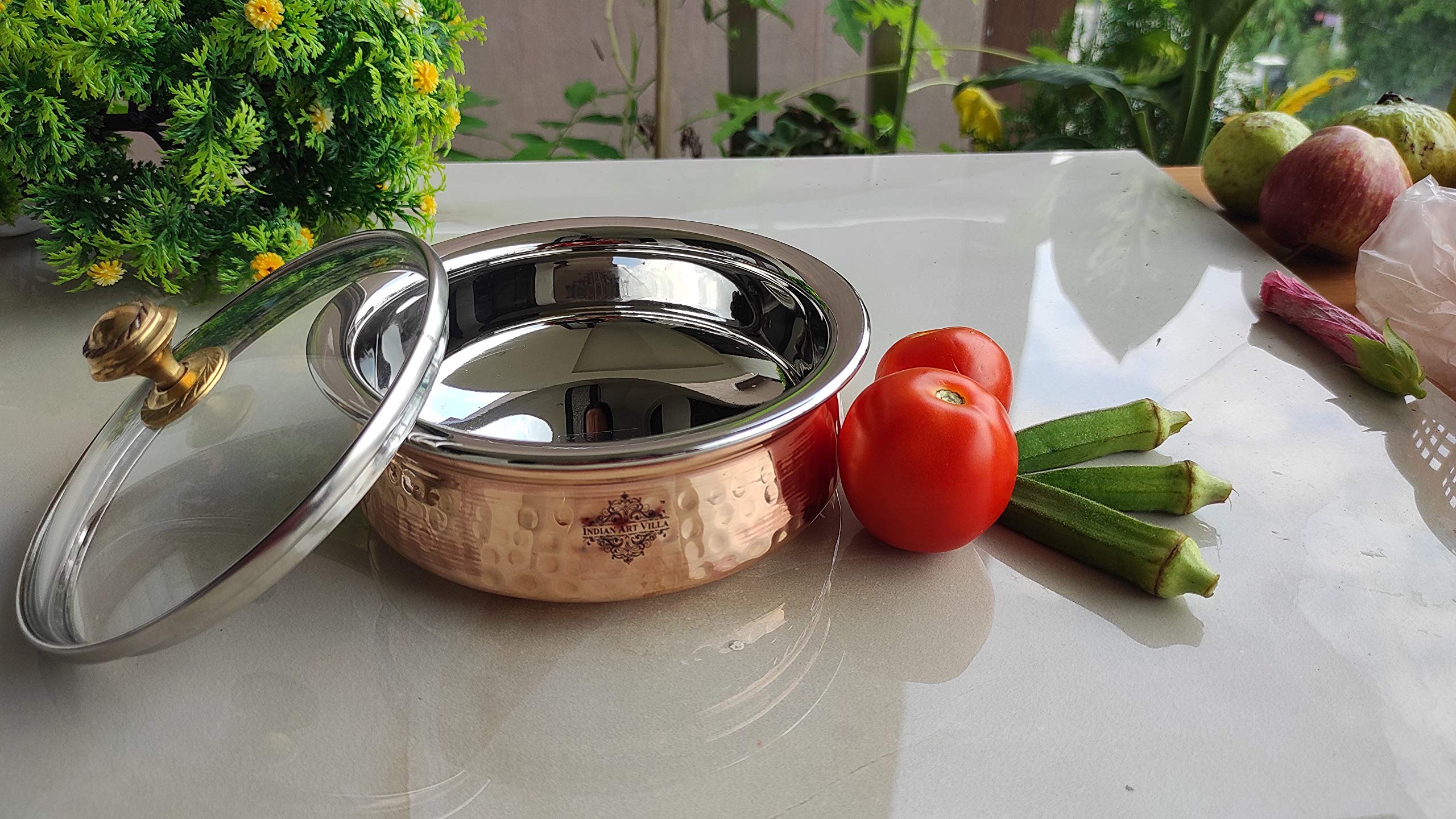 Premium Indian Handi Pot with Glass Lid - 25 Oz Steel & Copper Serving Dish for Chicken Biryani, Vegetables, Curries - Elegant Tableware for Home, Hotel, Restaurant - Set of 2 (Ideal for Festive Meals, Dinner Parties & Traditional Cooking)