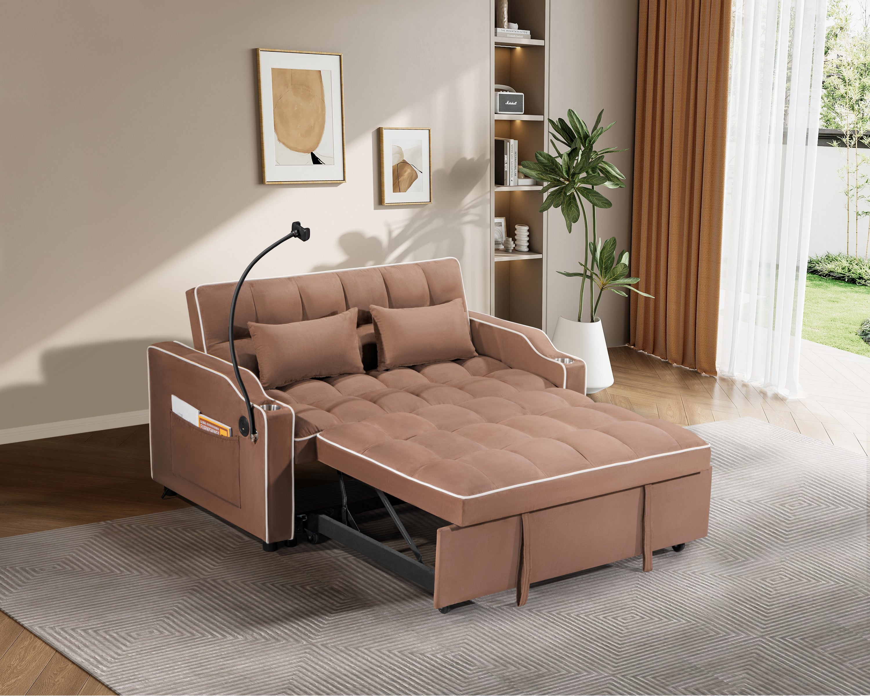 1 Versatile Foldable Sofa Bed in 3 Lengths - Modern Suede Pull-Out Sleeper with Adjustable Back, USB Port, Ashtray & Swivel Phone Stand | Perfect for Small Apartments, Guest Rooms & Home Offices