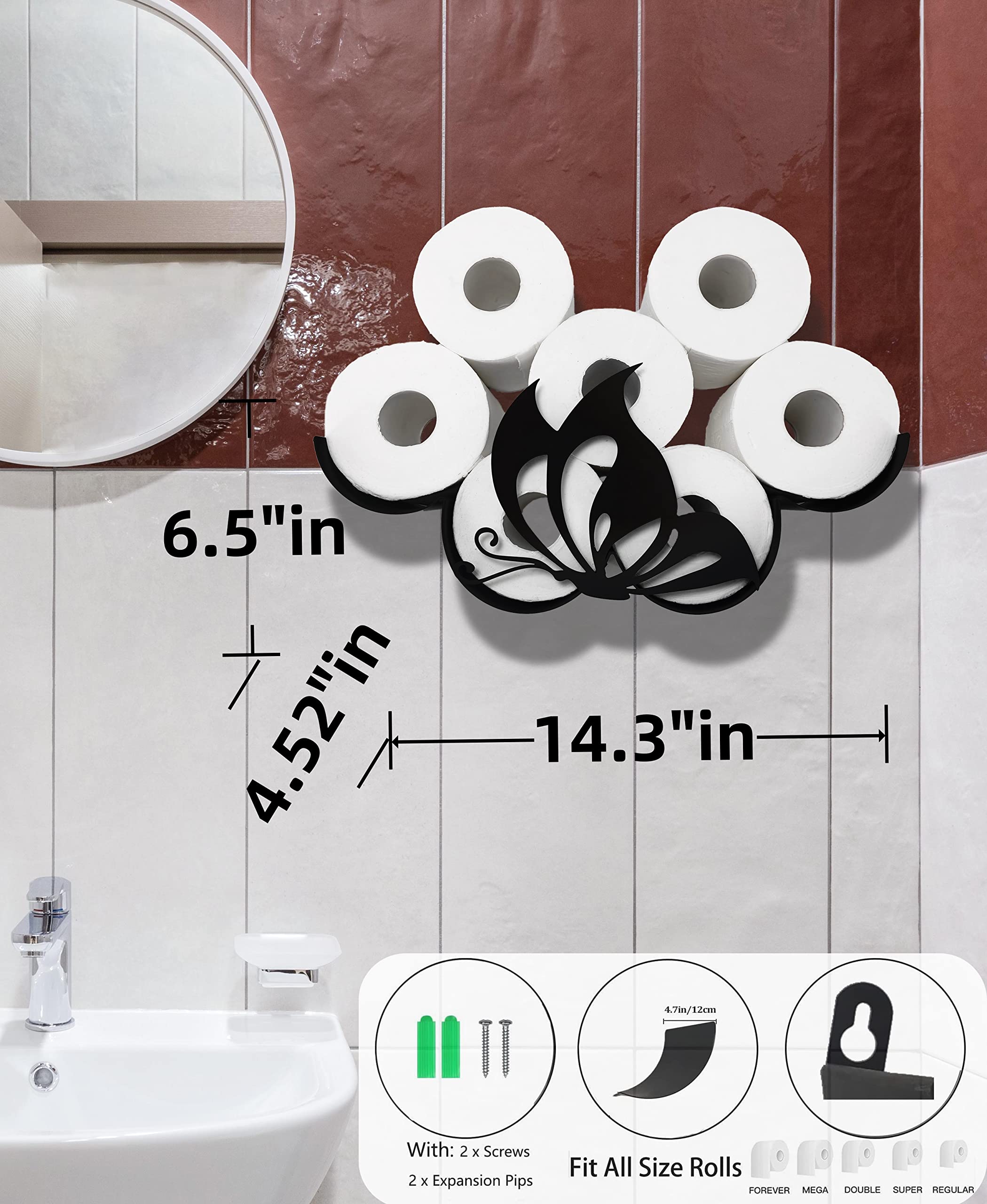 Black Butterfly Metal Wall Toilet Paper Holder - Decorative Animal Tissue Storage Organizer for Bathroom with 8-Roll Capacity - Perfect for Small Spaces, Powder Rooms & Farmhouse Style Decor