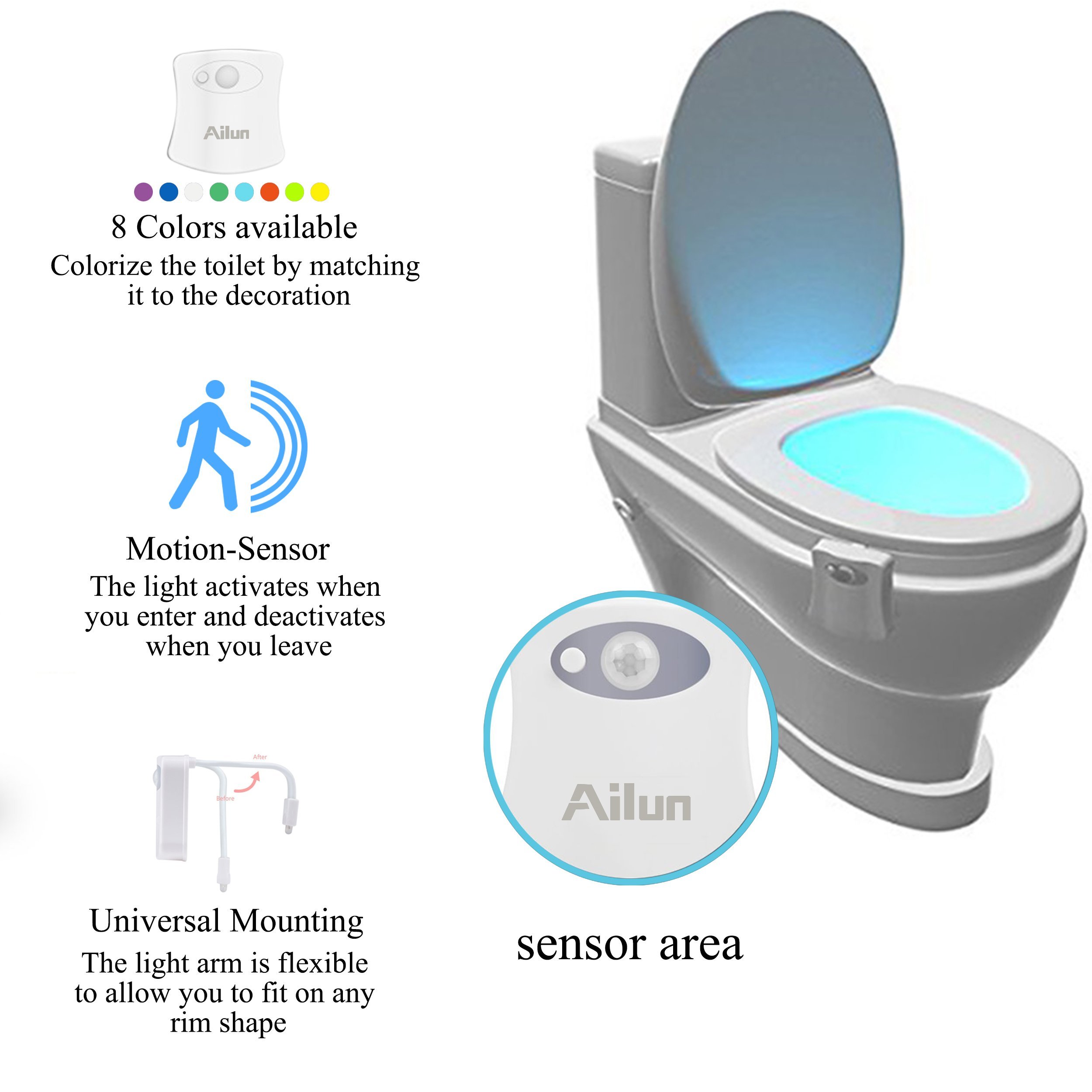 Ailun 3-Pack Motion Activated LED Toilet Night Light - 8 Color Changing Bathroom Nightlight for Toilet Bowl, Battery Not Included - Perfect for Bathroom, Bedroom, Hallway & Kids Room Safety Lighting