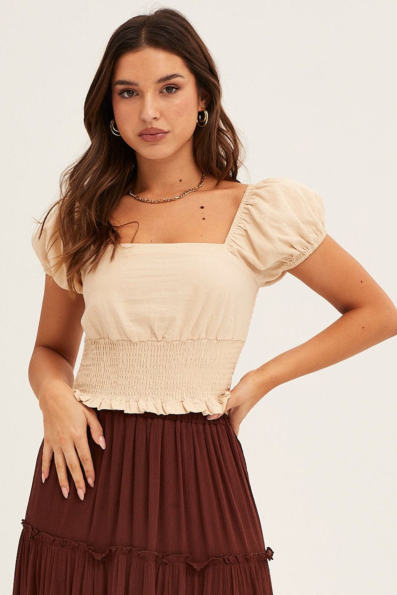 Trendy Beige Crop Top with Puff Sleeves for Women - Summer Fashion, Casual Outfits & Streetwear Style