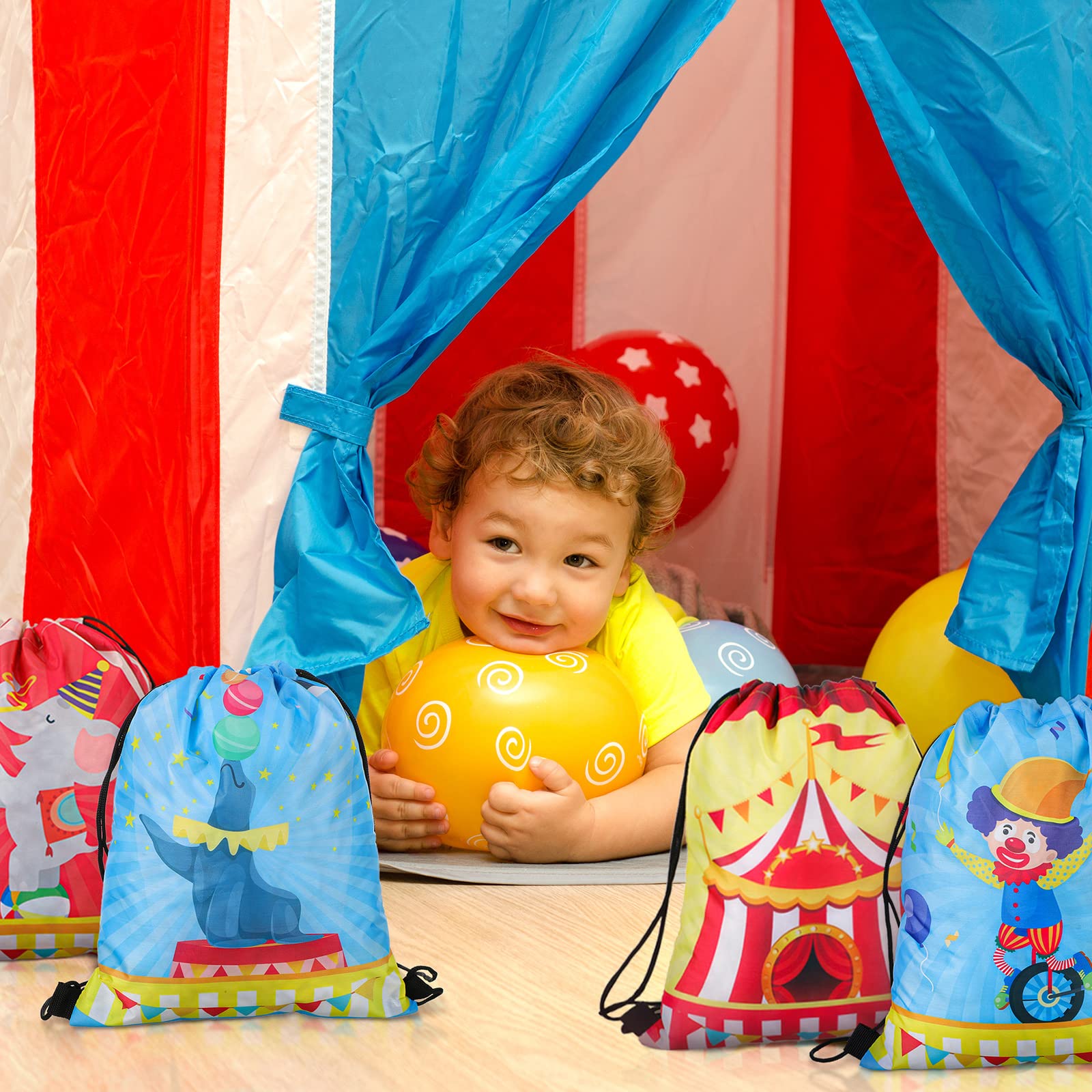 Jetec 16 Pack Circus Themed Gift Bags & Drawstring Backpacks - Colorful Party Favors for Birthday, Carnival & Themed Events - Perfect for Kids' Parties, School Events & Festival Giveaways