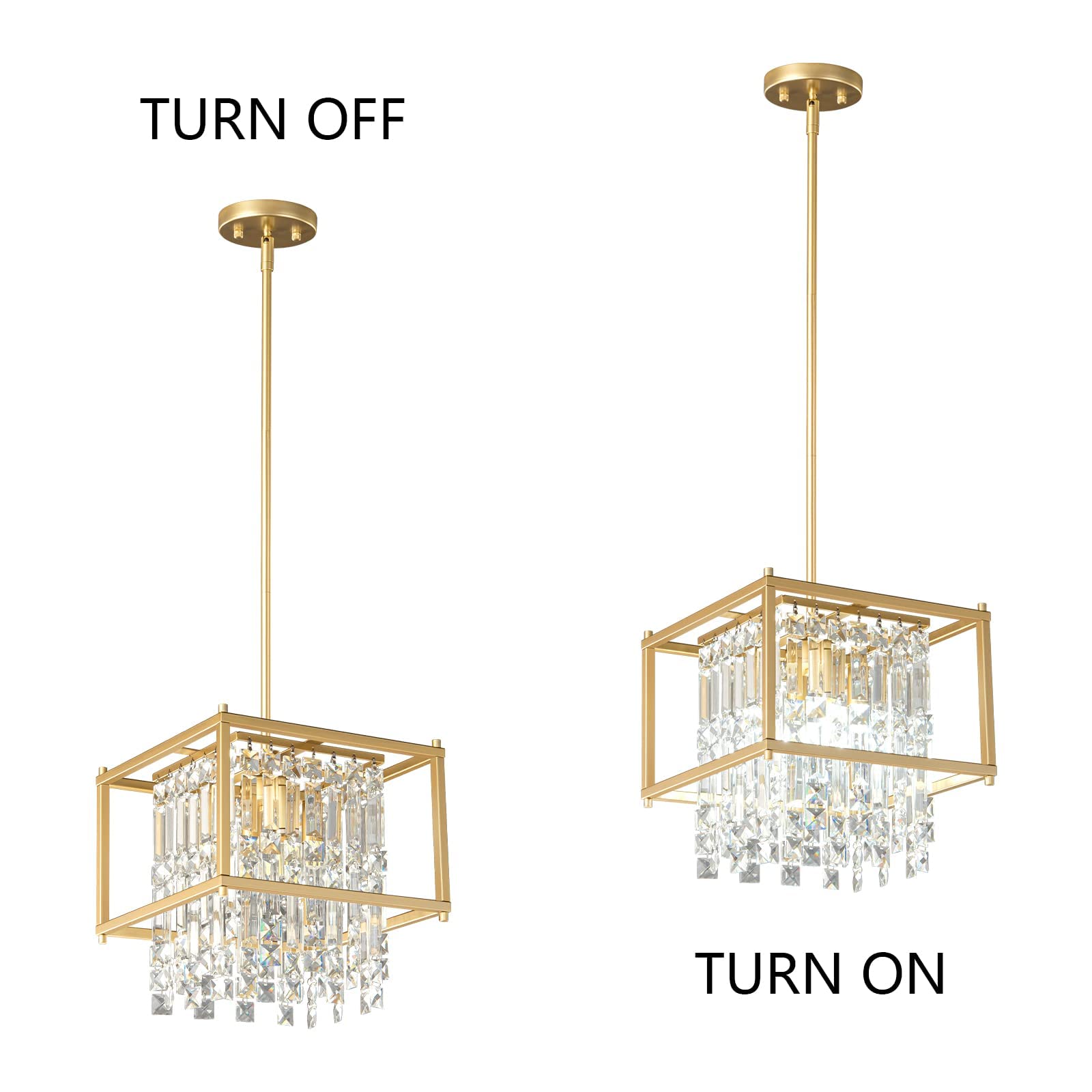 LMQNINE 4-Light Square Industrial Farmhouse Chandelier - 11.81 Inch Gold Metal Crystal Pendant Light Fixture for Dining Room, Kitchen Island, Living Room - Perfect for Flat & Inclined Ceilings | Modern Farmhouse Decor & Rustic Home Lighting