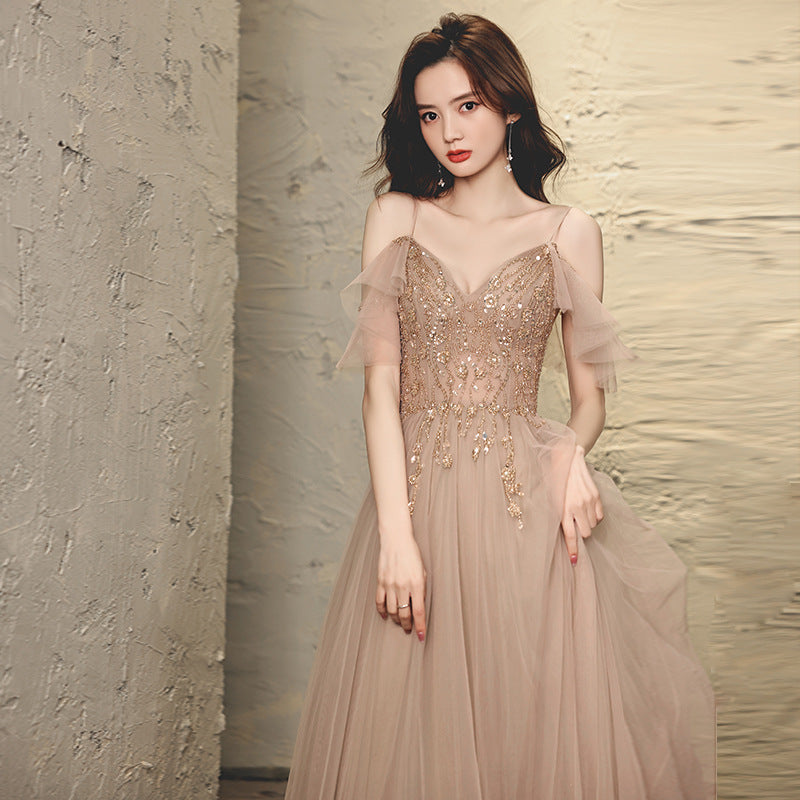 Elegant A-Line Beaded Long Prom Dress with Fairy Tulle Skirt - Formal Evening Gown for Homecoming, Wedding, and Special Occasions