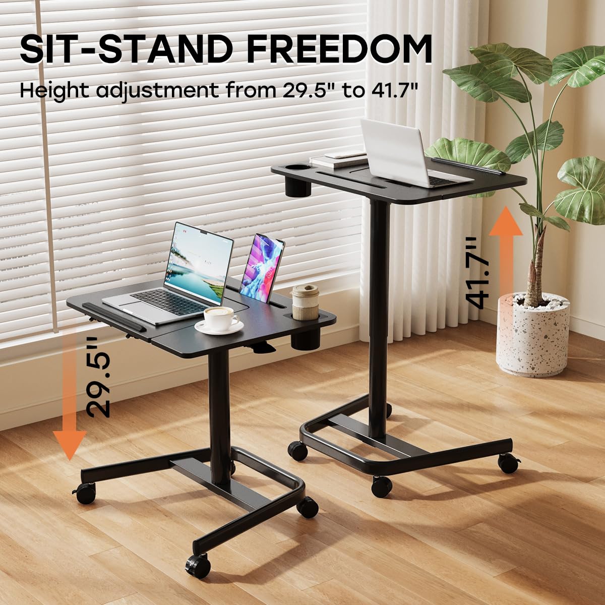 JOYworker Adjustable Mobile Standing Desk - 60° Tiltable Rolling Laptop Table with Wheels & Cup Holder, Portable Sit Stand Workstation for Home Office, Bed, Couch & Hospital Use, Supports Up to 22lbs, Black - Perfect for Remote Work, Gaming & Medical Professionals