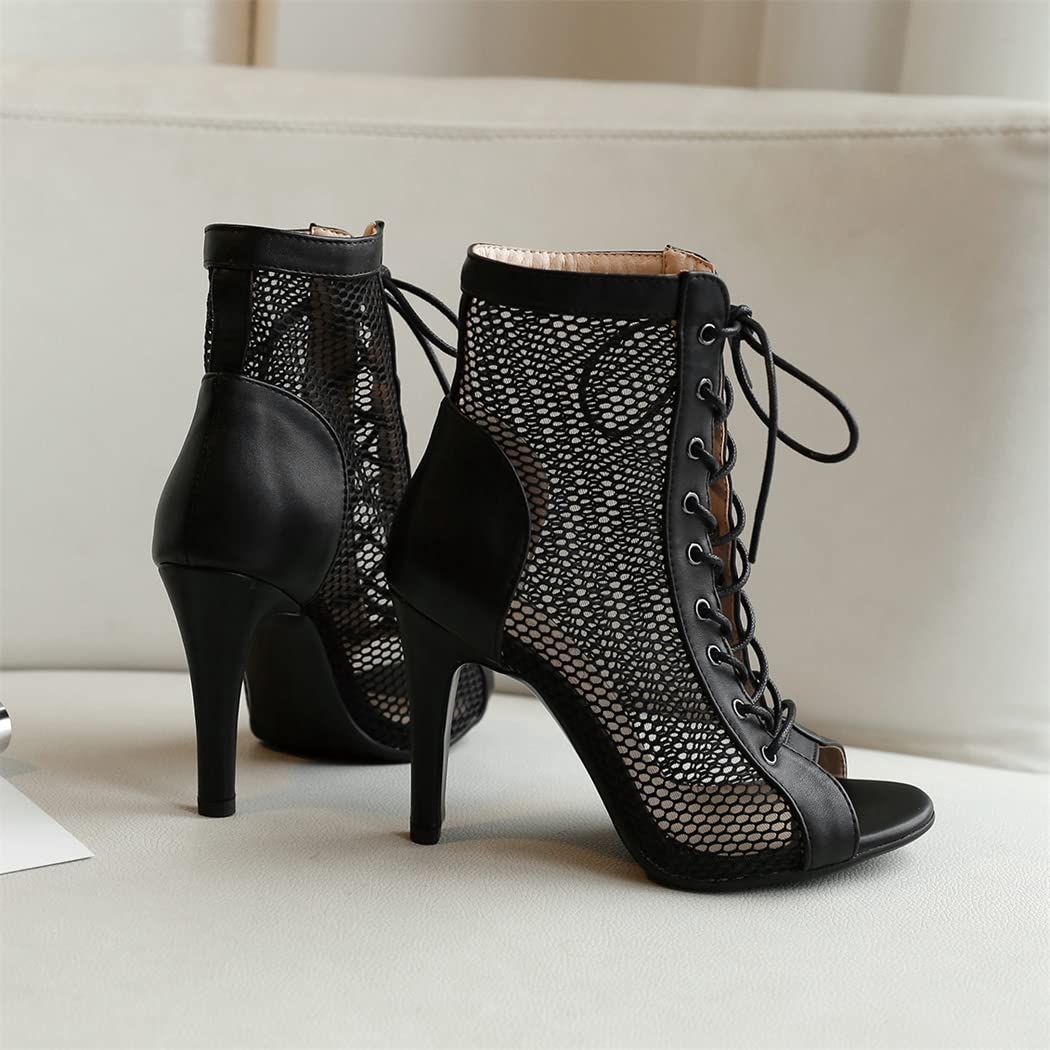 Elbslutt Women's Peep Toe Mesh Ankle Boots - Stiletto Heel Lace Up Summer Booties - High Heel Sandals Dress Shoes for Party, Club & Evening Wear