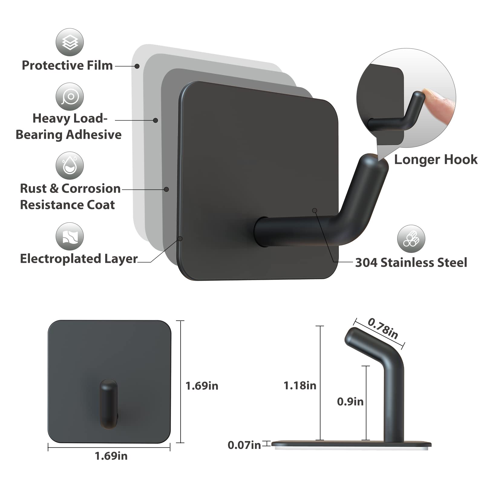 VIS'V 4-Pack Heavy Duty Adhesive Hooks with 2-Pack Razor Hooks - Strong Wall Mount for Bathroom, Kitchen, Office & Dorm Organization