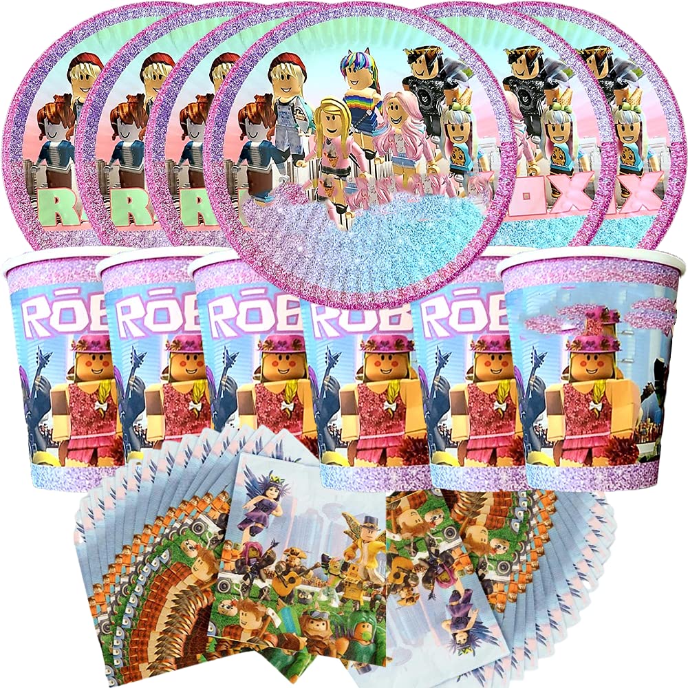 22-Piece Robot Girl Roblox Party Supplies Set - Includes 6 Cake Plates, 6 Kids Cups & 10 Napkins - Birthday Party Decorations, Favors & Theme Ideas - Perfect for Kids Birthday Celebrations & Roblox Themed Events