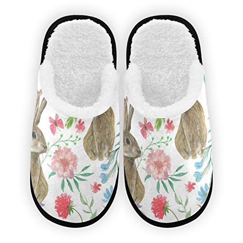 Women's Non-Slip Watercolor Rabbit Flower Slippers with Hard Sole - Cozy Indoor/Outdoor House Shoes for Lounge, Garden & Casual Wear