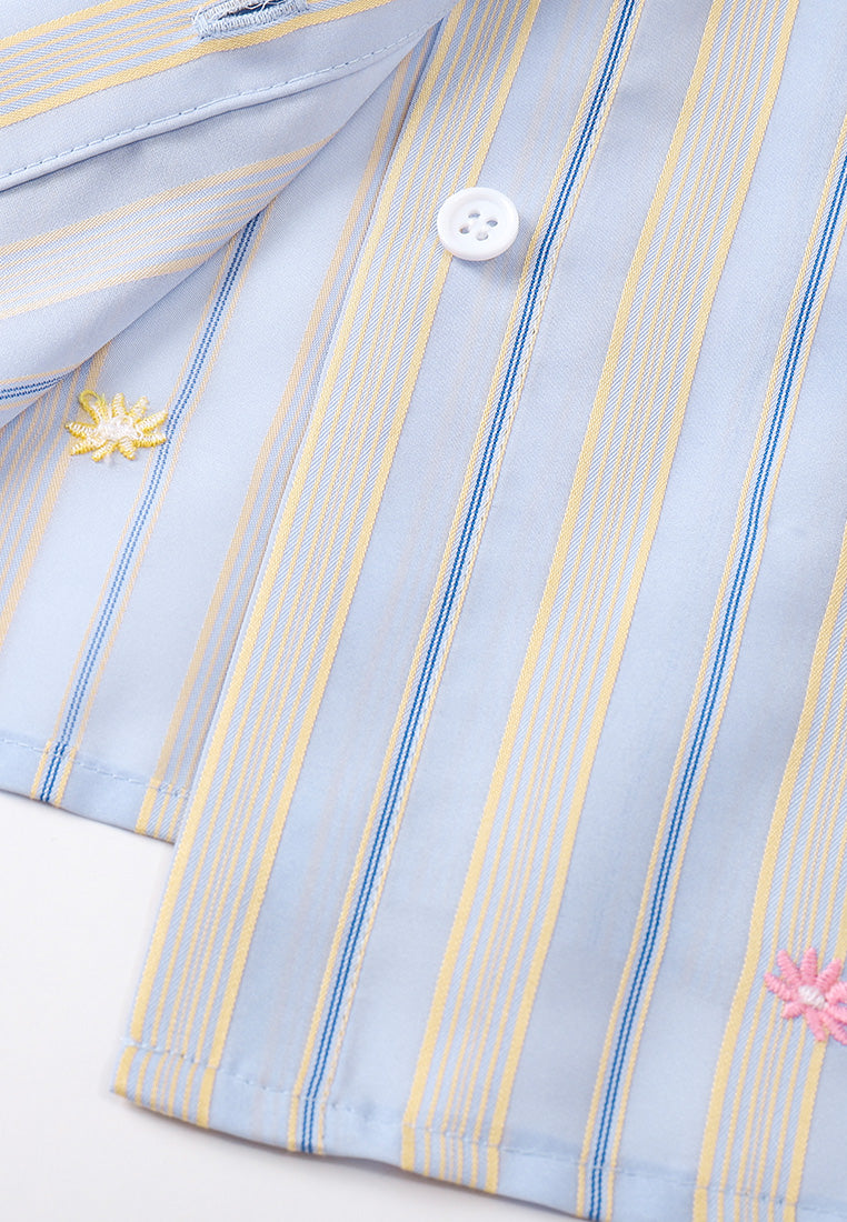 Light Blue Embroidered Striped Casual Shirt for Men - Breathable Cotton Summer Top for Office, Dating & Outdoor Activities