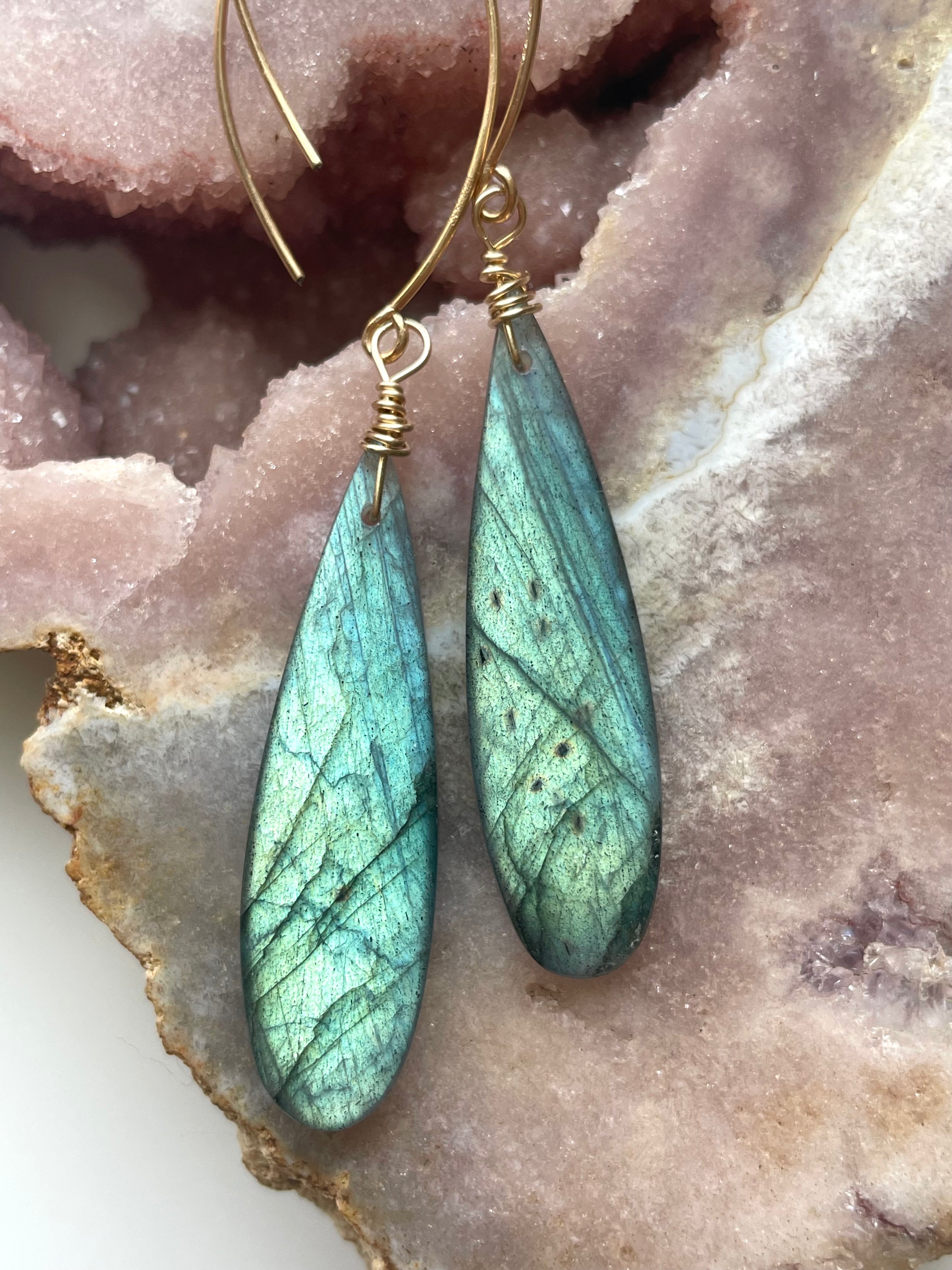 Gold Labradorite Dangle Drop Crystal Earrings for Women | Elegant Gemstone Jewelry Gift for Birthday, Party & Special Occasions